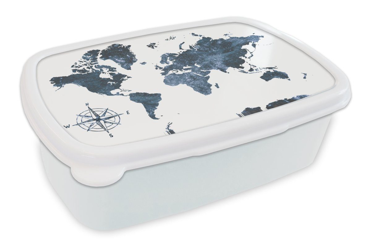 MuchoWow Lunchbox Weltkarte - Luxus - Blau, Kunststoff, (2-tlg), Brotbox für Kinder und Erwachsene, Brotdose, für Jungs und Mädchen weiß