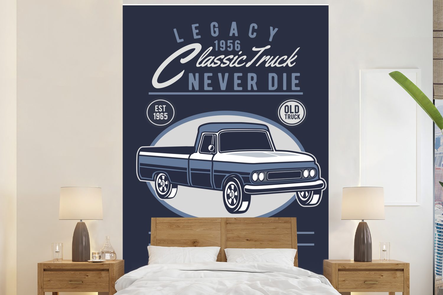 MuchoWow Fototapete Lkw - Retro - Zeichnung, Matt, bedruckt, (3 St), Montagefertig Vinyl Tapete für Wohnzimmer, Wandtapete