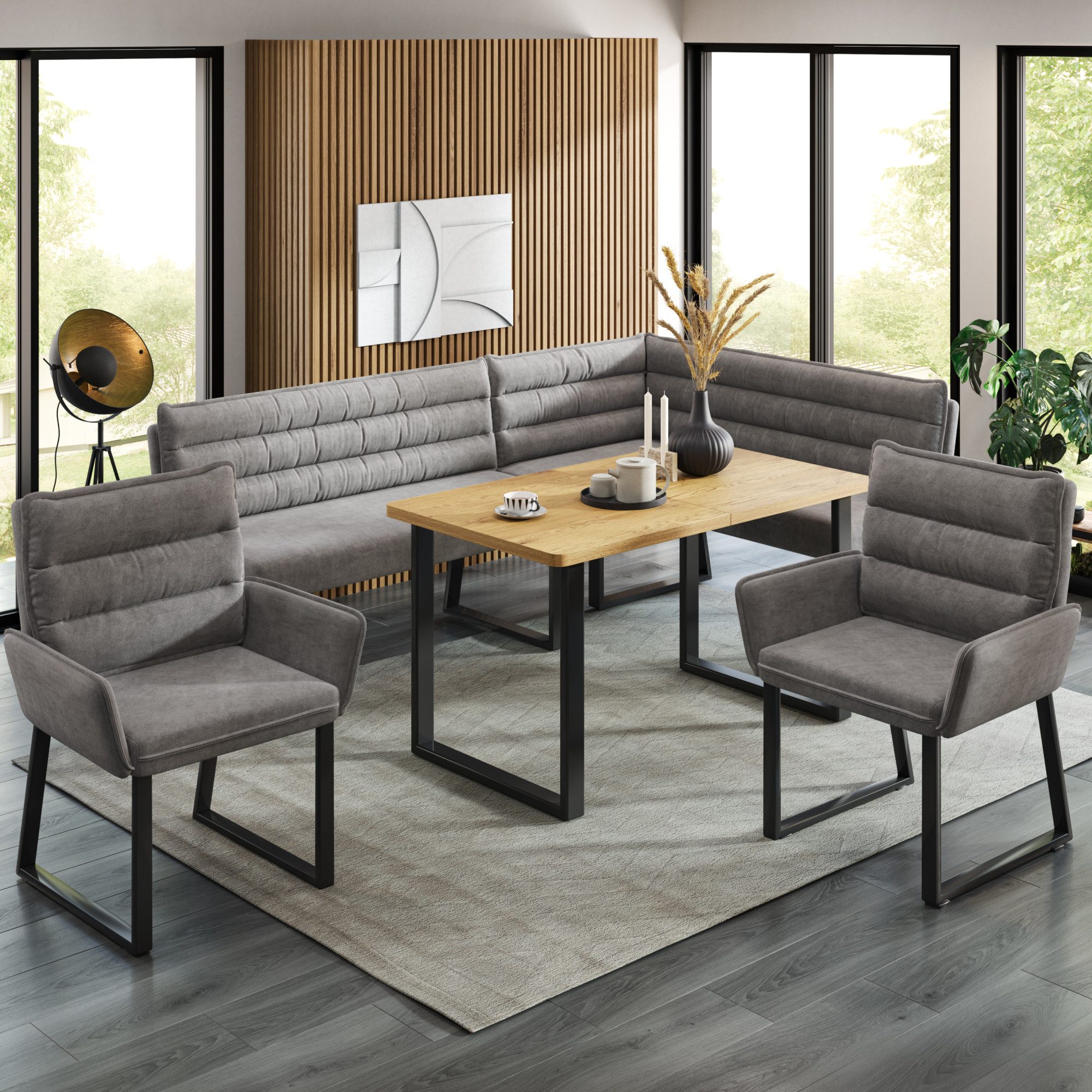 Flieks Essgruppe Eckbankgruppe Sitzgruppe Esszimmerset, (Set, 4-tlg., Sitzbezug aus Chenillestoff, rechteckige Tischplatte in Holzoptik), 1 Ecksofa/Eckbank & 2er Esszimmerstühle & 1 Esstisch, grau & natur