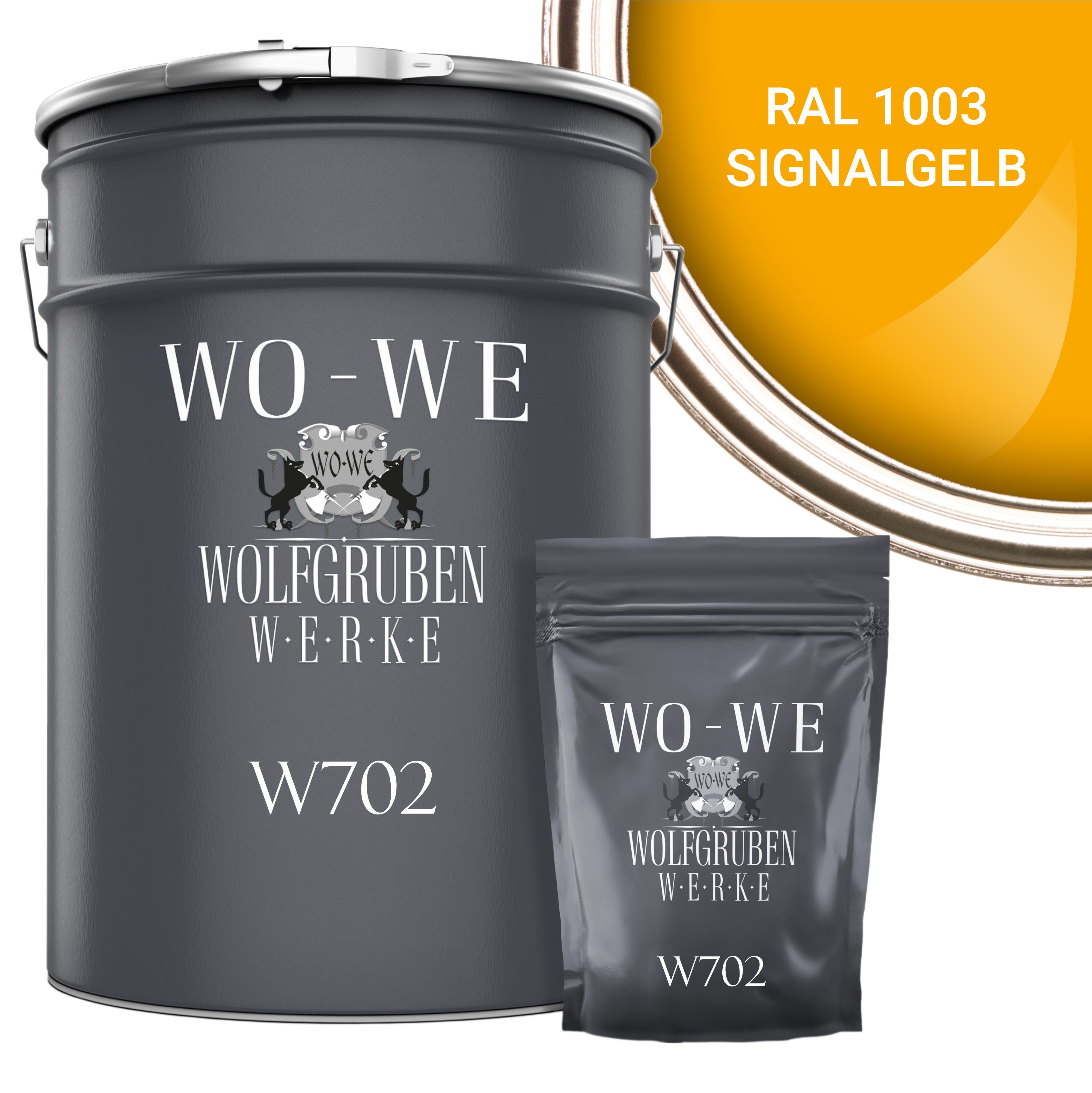 WO-WE Bodenversiegelung 2K Garagenfarbe Bodenbeschichtung W702, 2,5-20Kg, Seidenglänzend, Epoxidharz RAL 1003 Signalgelb