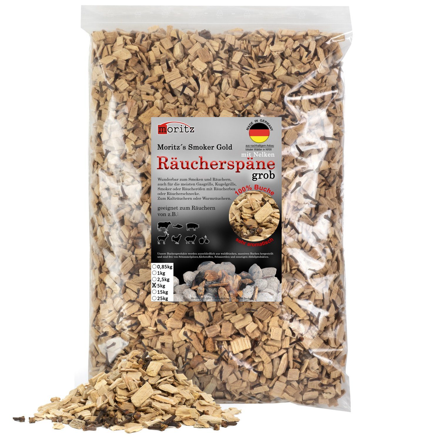 Moritz Räucherbox 5kg Räucherspäne Buche mit Nelke grob 6 -12 mm zum smoken, räuchern/kalträuchern von Fleisch, Fisch, Gemüse geeignet