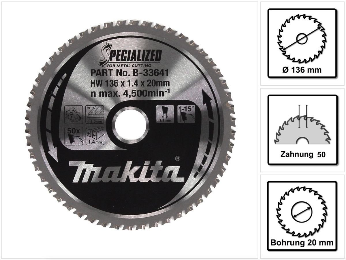 Makita Kreissägeblatt SPECIALIZED Kreissägeblatt für Metall 136 x 20 x 1,4 mm 50 Zähne (B-