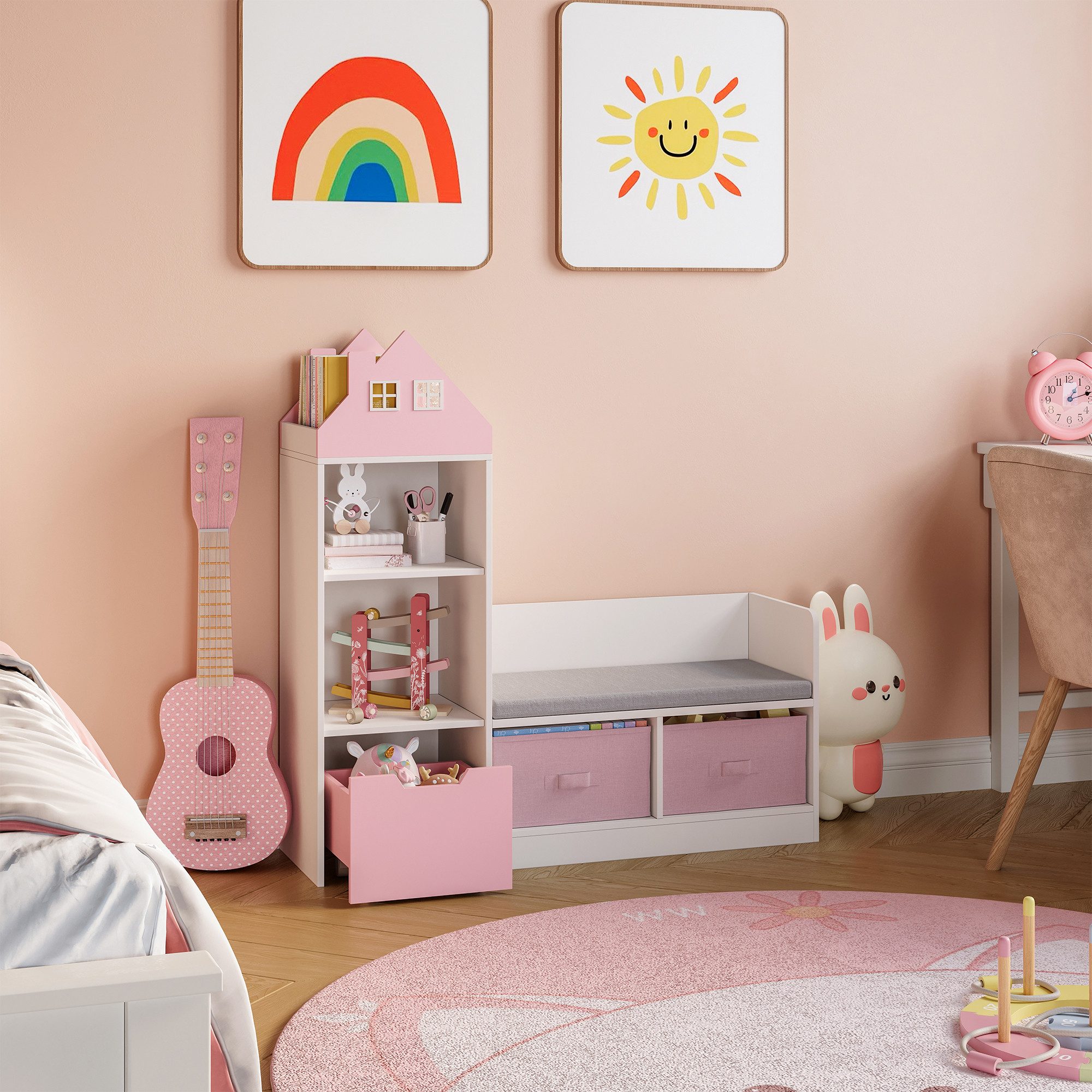 en.casa Sitzbank, mit Regal für Kinder »Vipsali« mit 2 Faltboxen 100x99x30 cm Rosa/Weiß