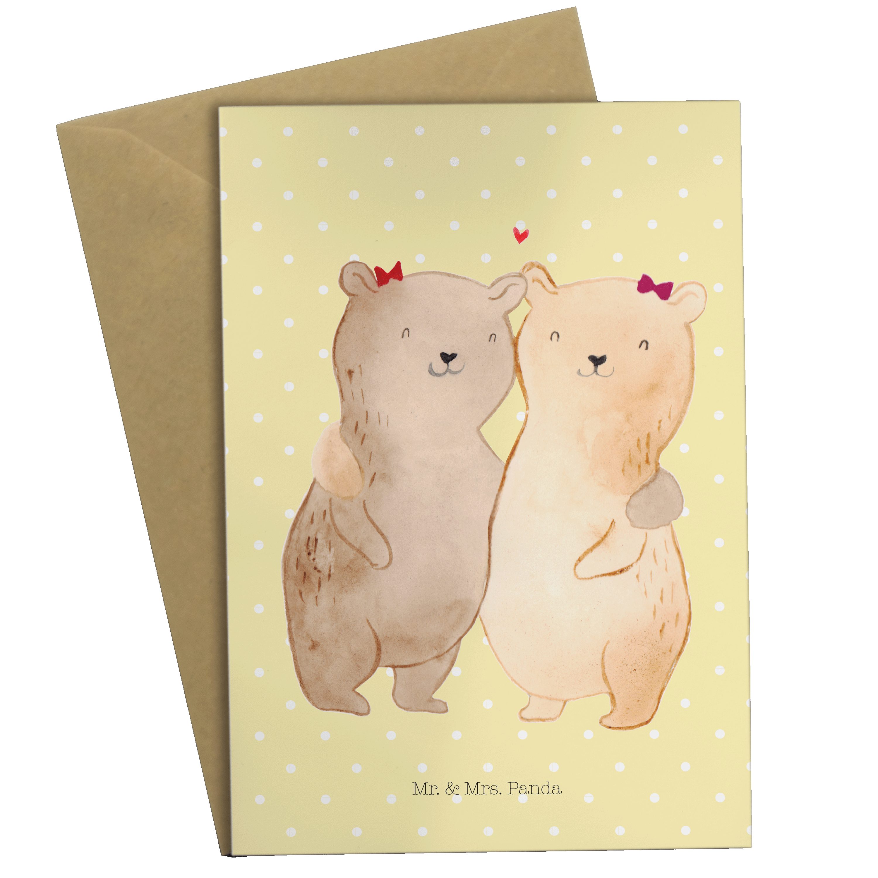 Mr. & Mrs. Panda Grußkarte Bären Schwestern - Gelb Pastell - Geschenk, Hochzeitskarte, Klappkart