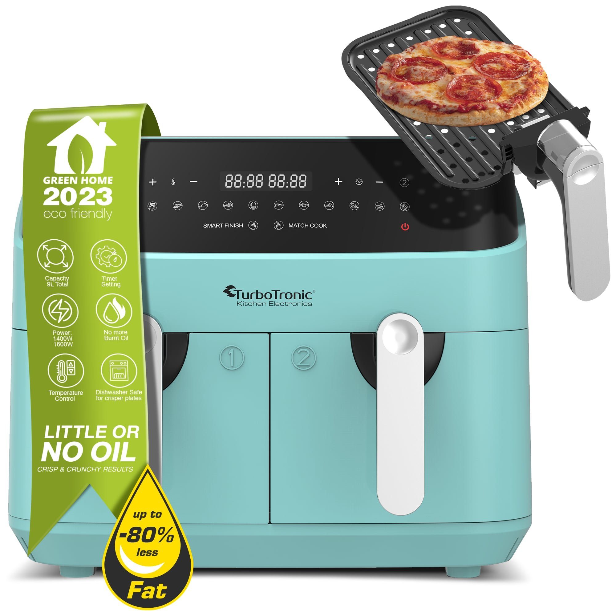 TurboTronic by Z-Line Heißluftfritteuse XXL Doppelkammer 2x 4,5 Liter, 50°C - 200°C, Power, dual, Camping, 1600 W, Fritteuse ohne Fett, digitaler doppel Airfryer Fettfrei