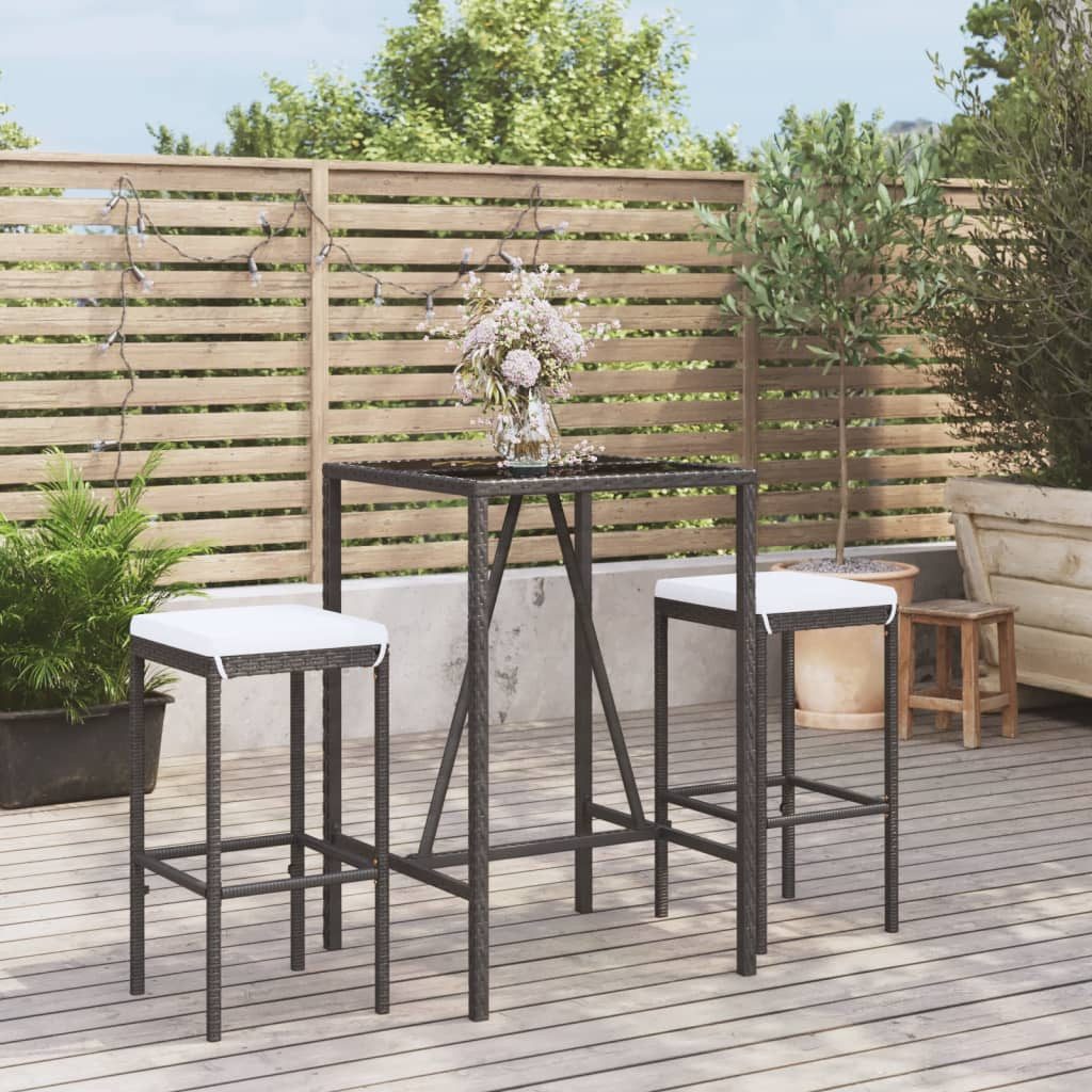 vidaXL Gartenlounge-Set 3-tlg. Gartenbar-Set mit Kissen Schwarz Poly Rattan, (3-tlg)