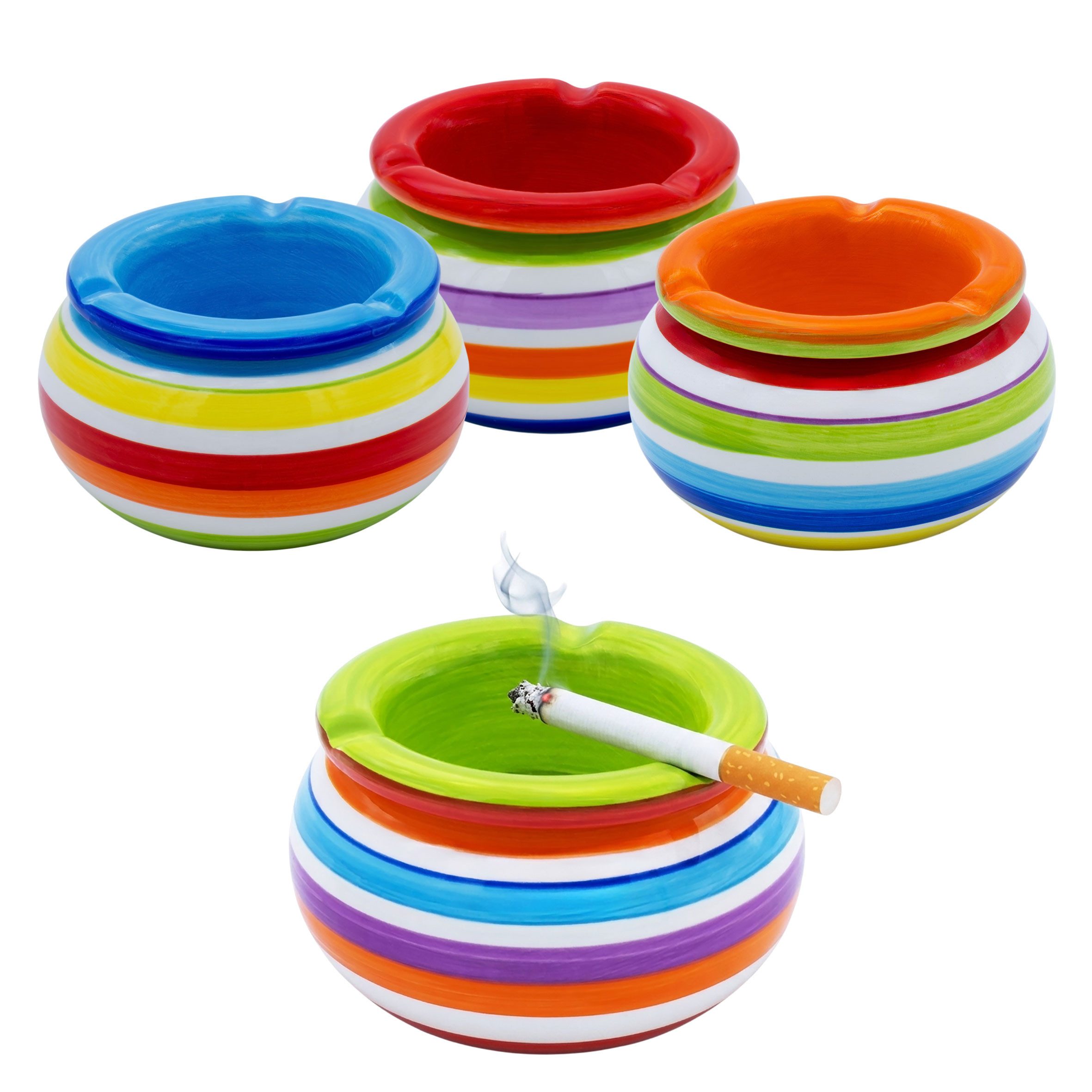 Spetebo Aschenbecher 4er Set Sturmaschenbecher aus Dolimit Keramik rund 11 cm, Tischaschenbecher bunt mit abnehmbarem Deckel