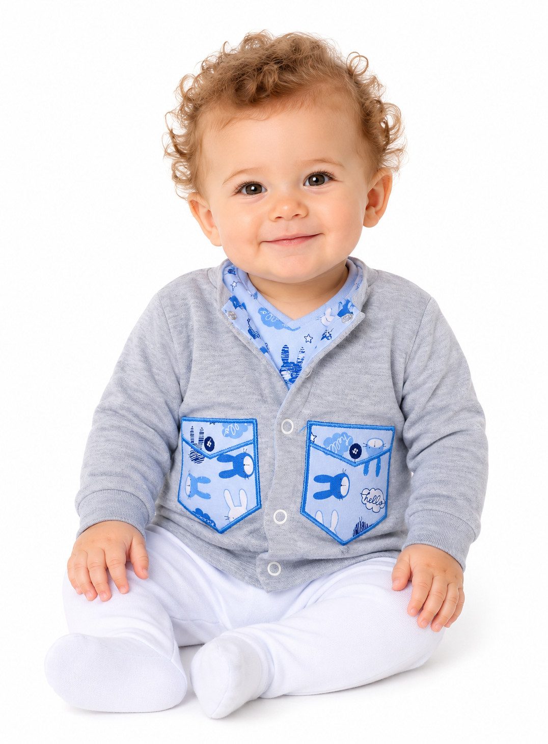La Bortini Sweatjacke Baby Jacke leichtes Jäckchen Pulli in Grau mit Hasenmuster aus reiner Baumwolle, 44 50 56 62 68 74 80 86 92 98