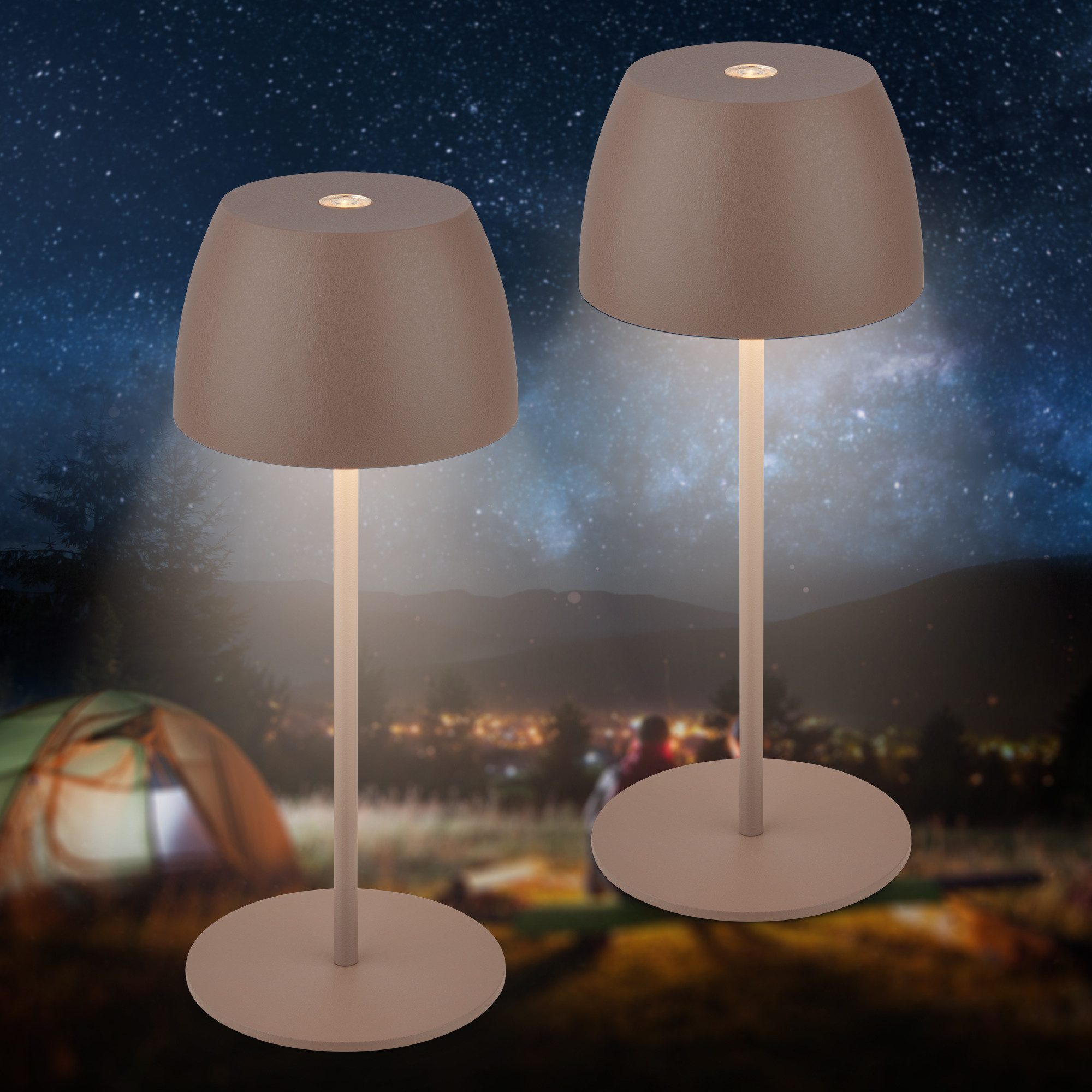 Briloner Leuchten LED Außen-Tischleuchte SERINA MINI, Dimmfunktion, LED fest integriert, Warmweiß, kabellos 20 x 8 cm Umbrasand 2,5W Wohnzimmer Schlafzimmer 2er-Set