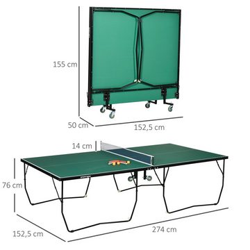 SPORTNOW Tischtennisplatte Tischtennistisch Klappbar, Stahl, Grün (Tischtennisspiel-Set, 1-tlg., mit einem Spielnetz, 2 Schlägern und 3 Bällen), 274L x 152.5B x 76H cm