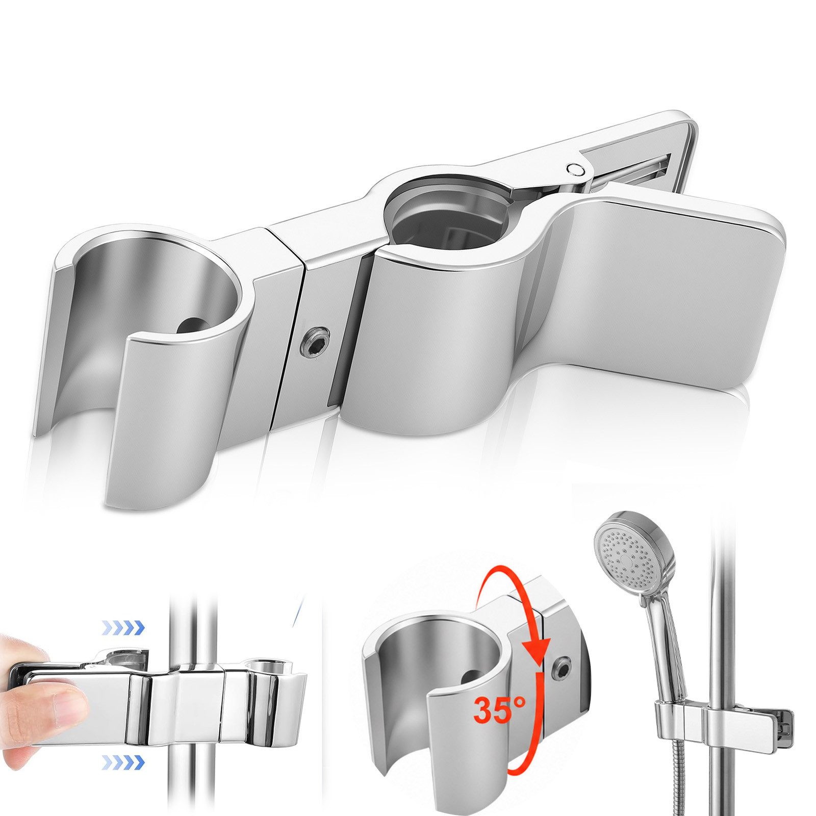 BlingBin Brausehalter Ohne Bohren, 35° Drehbar Duschkopf Halter für 22-25mm Stangen, Verchromte Halterung für Duschkopf, Badezimmer, Silber