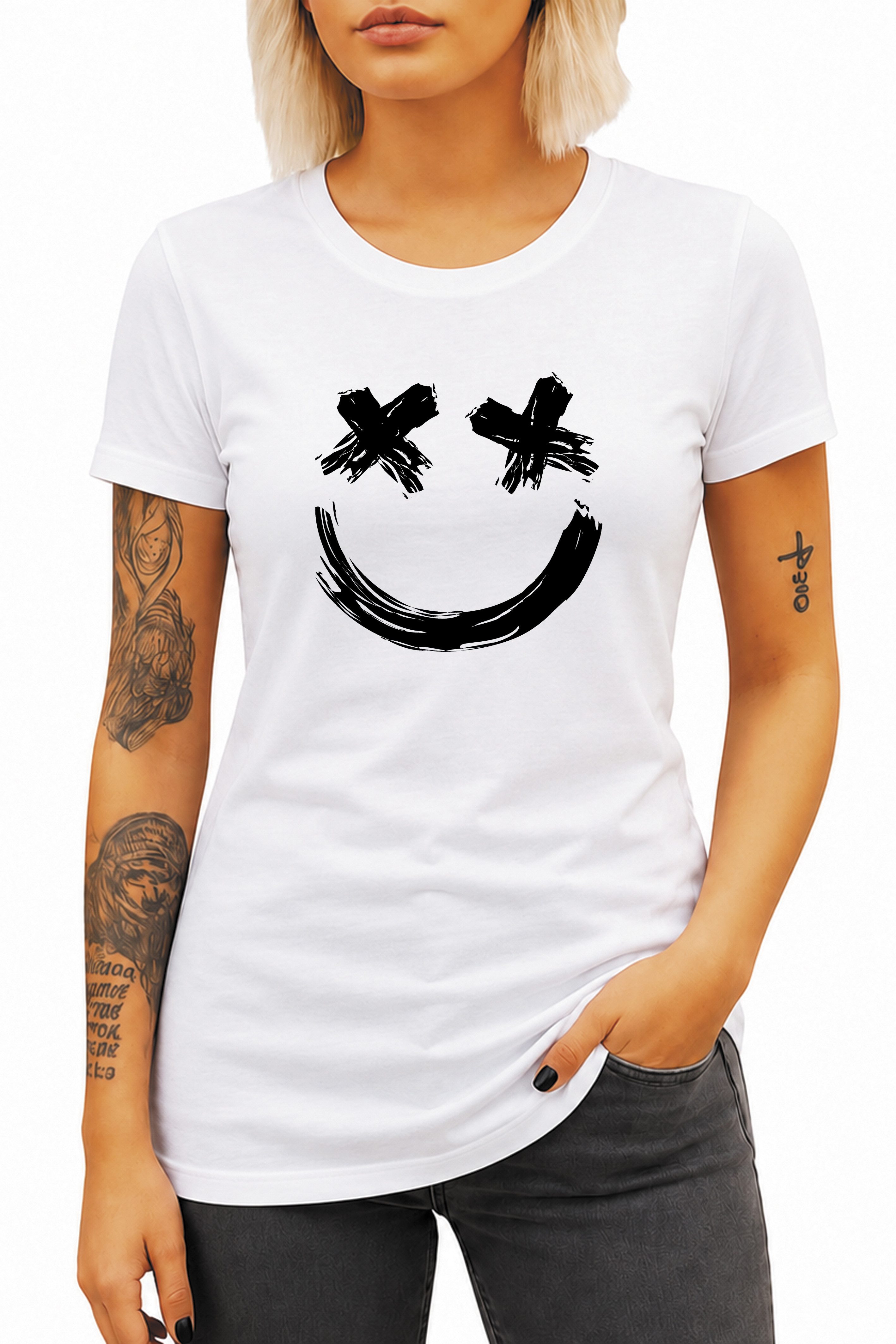 Banco T-Shirt Damen Smile X-Eyes Printshirt Rundhals Baumwolle 100% Baumwolle