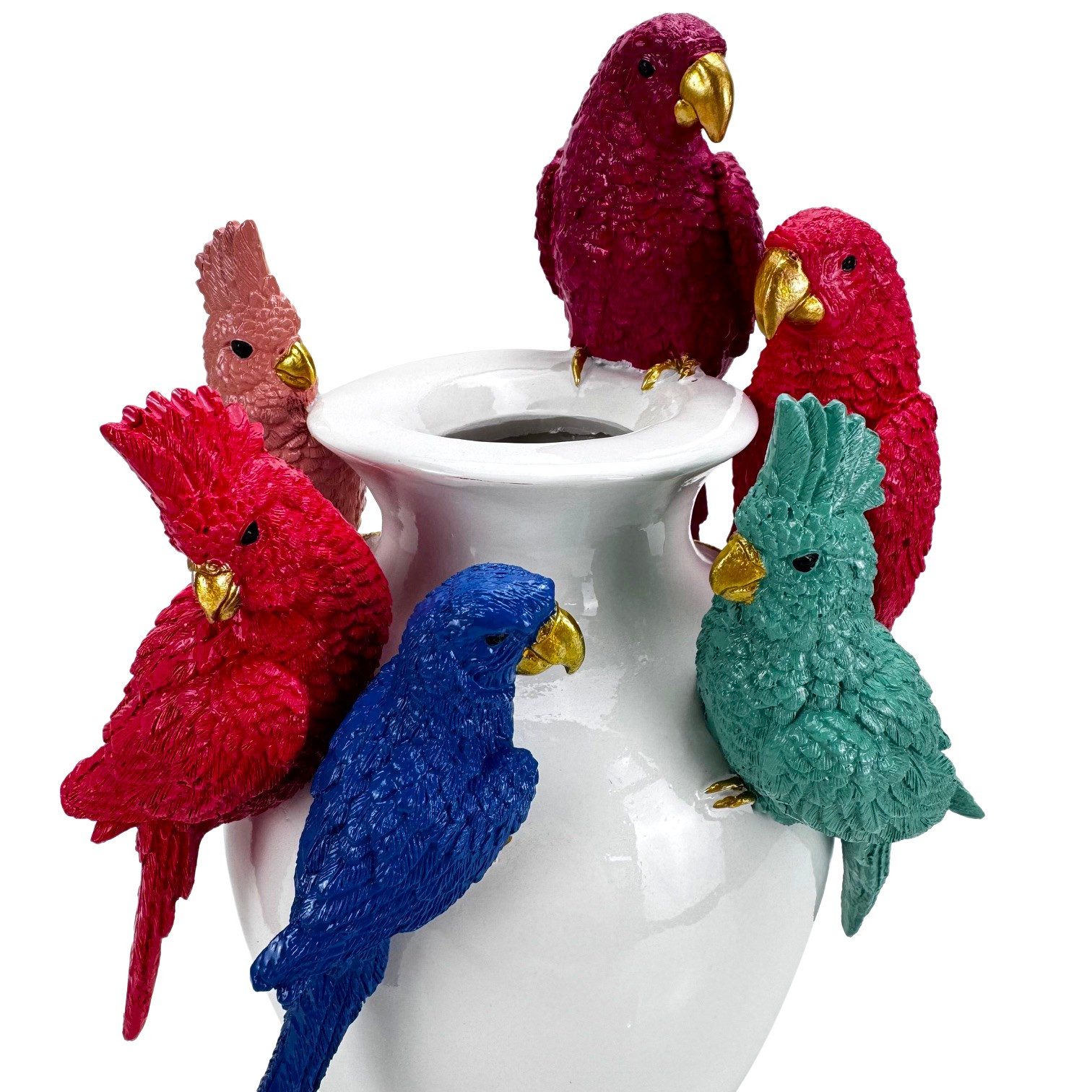 Online-Fuchs Tischvase in Weiß mit 6 Papageien besetzt - moderne Deko Vase - 30 cm groß (mit goldenen Schnäbeln verziert, wetterfest), modern - stilvoll - elegant - exotisch - außergewöhnlich