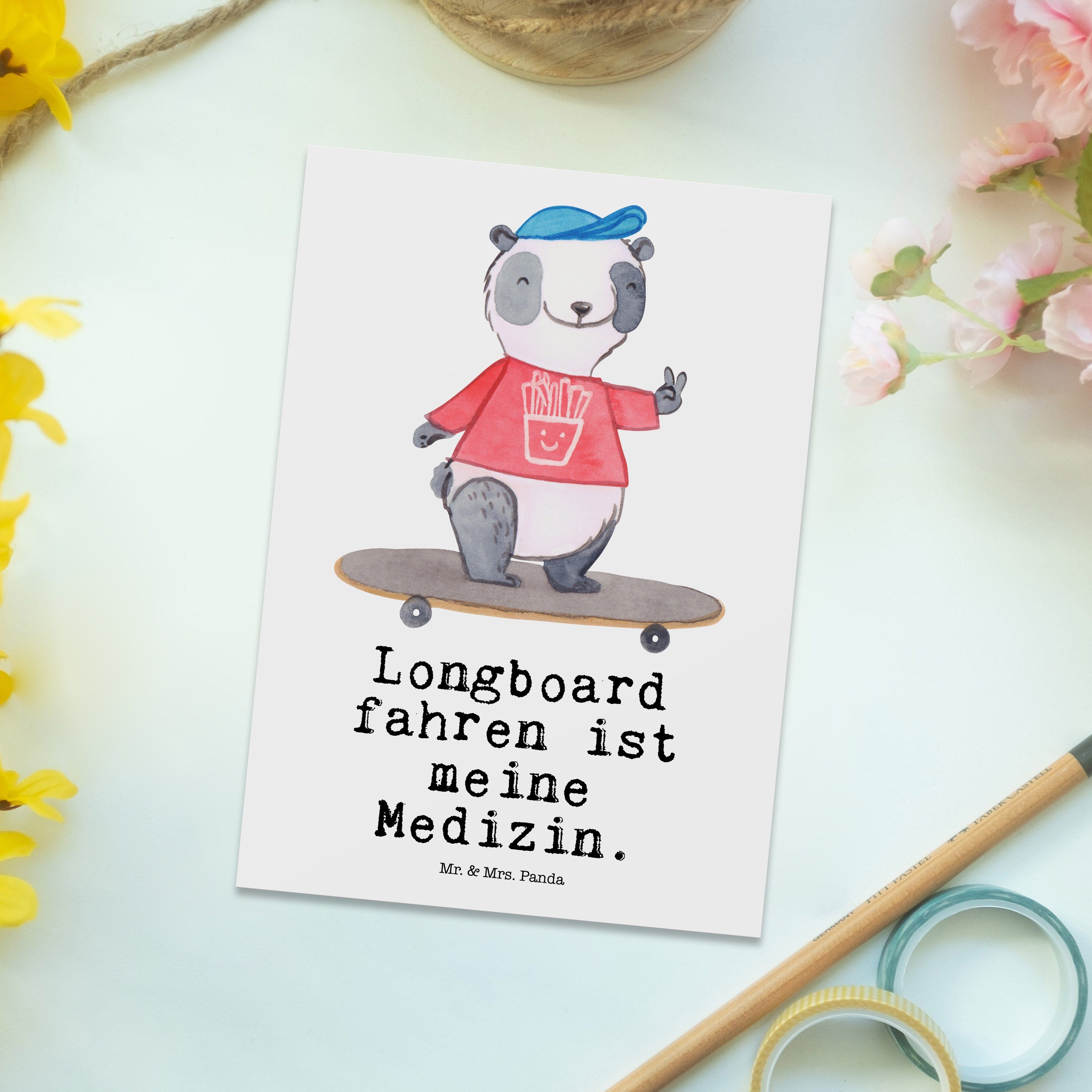 Mr. & Mrs. Panda Postkarte - Longboardfahren, Medizin - fahren Panda Longboard Weiß Ei Geschenk