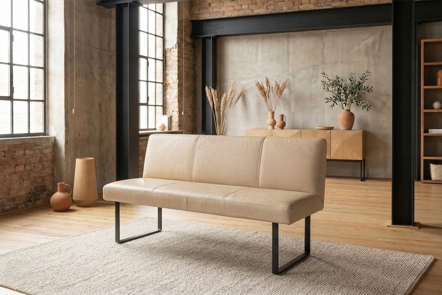 KAWOLA Sitzbank ELEEN Esszimmerbank Leder pigmentiert – modernes Design, 123 cm Breite, hoher Sitzkomfort, Metallgestell schwarz