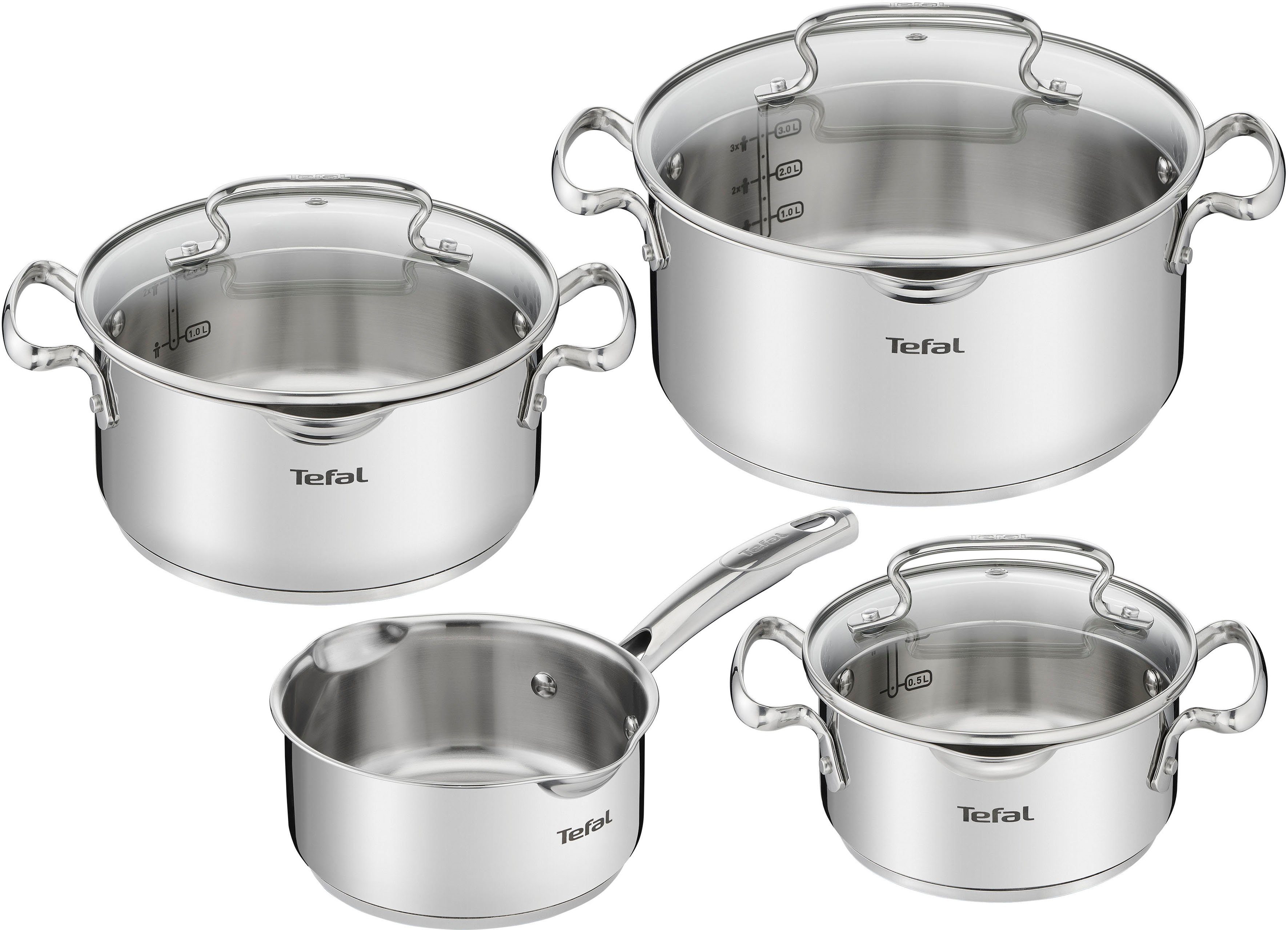 Neuestes Design Tefal Topf-Set (Set, Topfset mit 18/10 cm), mit hochwertiger Glasdeckel Stielkasserolle 16 cm, Kochtopf 16/20/24 7-tlg., Siebfunktion Duetto+ Edelstahl, hochglanzpoliert, G719S7, Edelstahl 7-teiliges