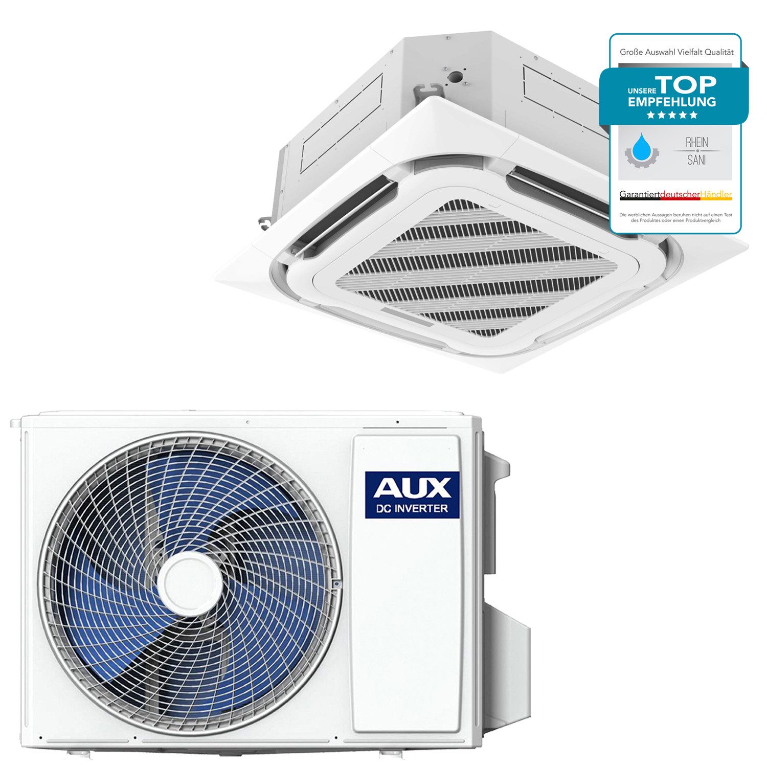 AUX Split-Klimagerät Set mit Deckenkassette & Außengerät R32 – 12000–36000 BTU, Klimaanlage, energieeffizient heizen & kühlen für Büro, Gewerbe & große Wohnflächen