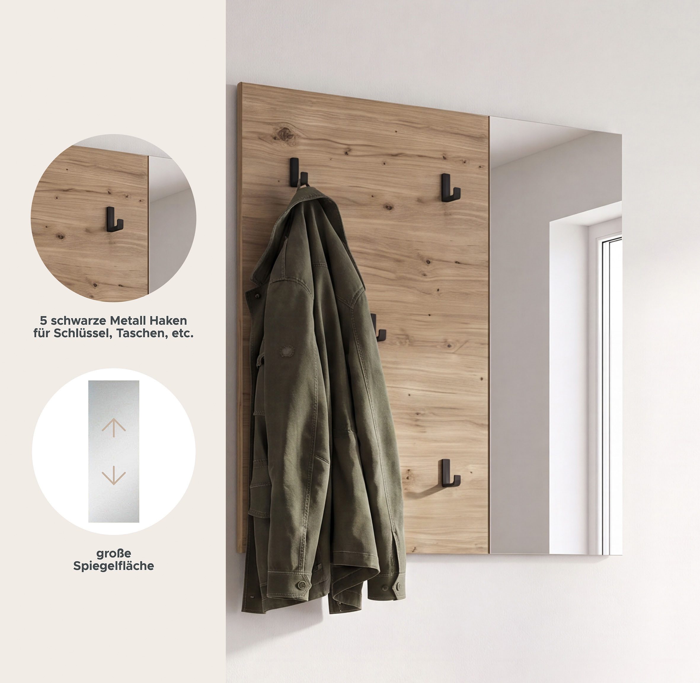 OTTO home Garderobenpaneel FJELL, Breite 80cm, 5 Haken, Spiegel (inklusive Spiegelfläche)