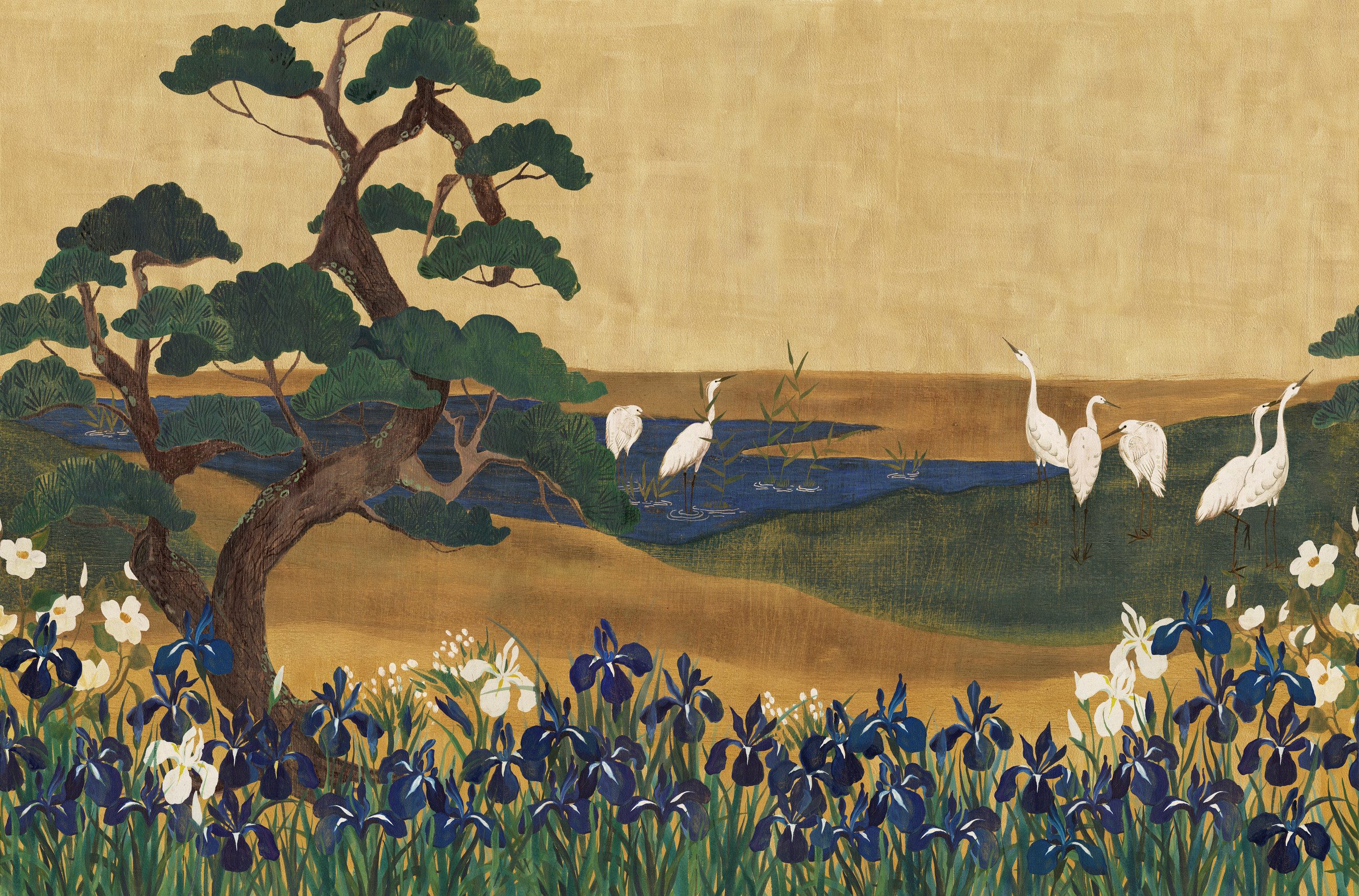 Rasch Fototapete Landschaft mit Kranichen und Bäumen - 2,8m x 4,24m - Noble Zen, strukturiert, Kunst, asiatisch, (1 St), Kraniche, Gemälde