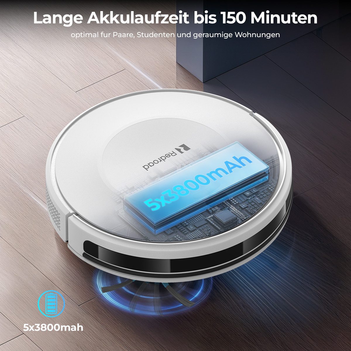 redroad Saugroboter Staubsauger Roboter 12000Pa/60W/180min Laufzeit 660 ml Behälter, 60 W, mit Beutel, saugroboter,18×5200 mAh Akku (68.000 mAh gesamt)