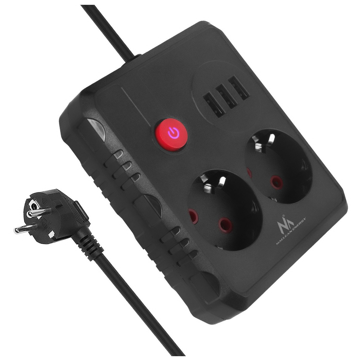 Maclean 2 Steckdosen 2500W 3xUSB Mehrfachsteckdose 2-fach (Kabellänge 3 m), 110-240V AC 50/60Hz, 2,1A max 2500W