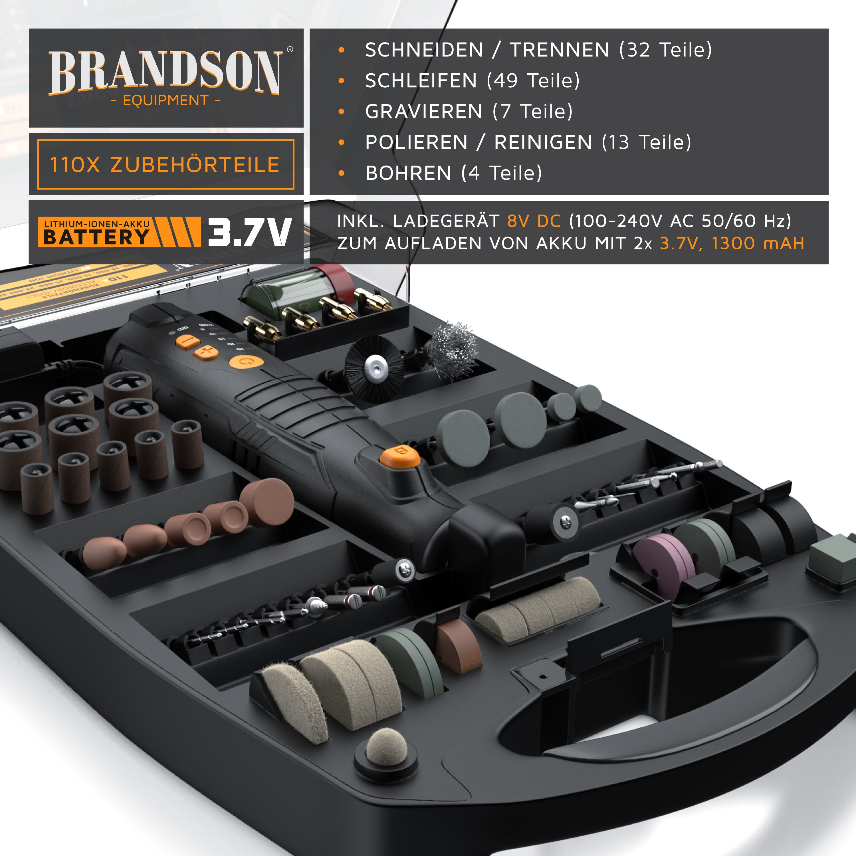 Brandson Multitool Multifunktionswerkzeug 8V, Drehwerkzeug mit 110-tlg. Zubehör Set, (110 St), zum Schneiden, Fräsen, Gravieren, Schleifen, Schärfen, Polieren