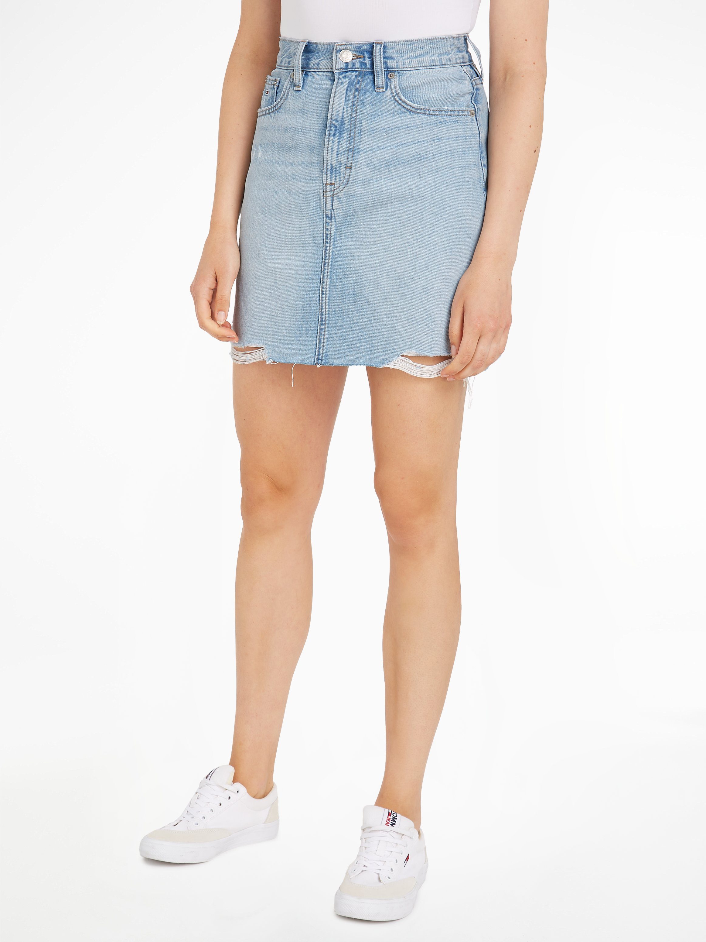 Tommy Jeans Jeansrock MOM UH SKIRT BH0015 Webrock mit heavy Destroyed Effekten am Saum