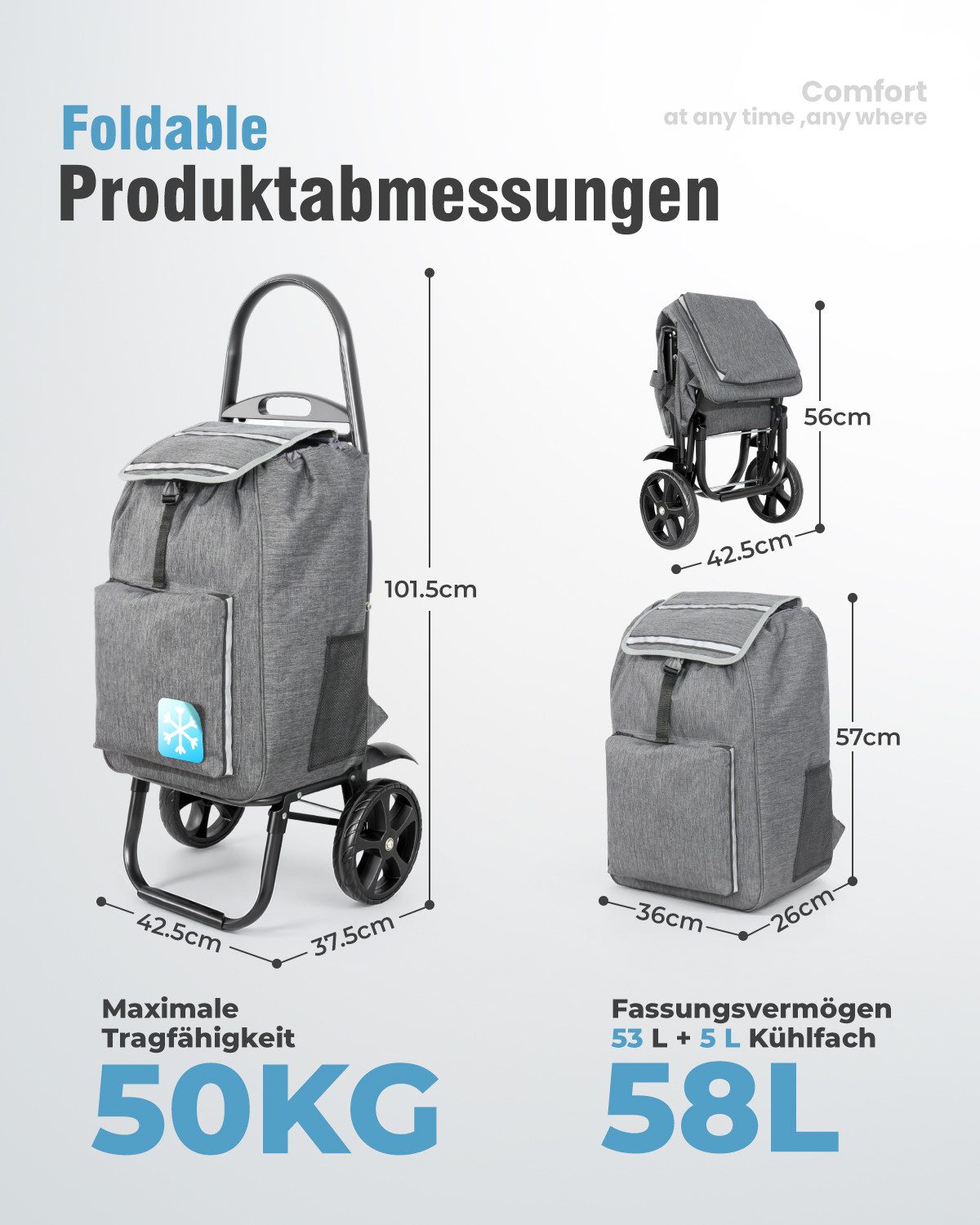HOMECALL Einkaufstrolley klappbar Einkaufswagen 4-in-1 Utility Trolley Mit Kühltasche-58L, Shopping Trolley & Sackkarre für Supermarkt, Wochenmarkt, Reisen – Bild 4 von 5