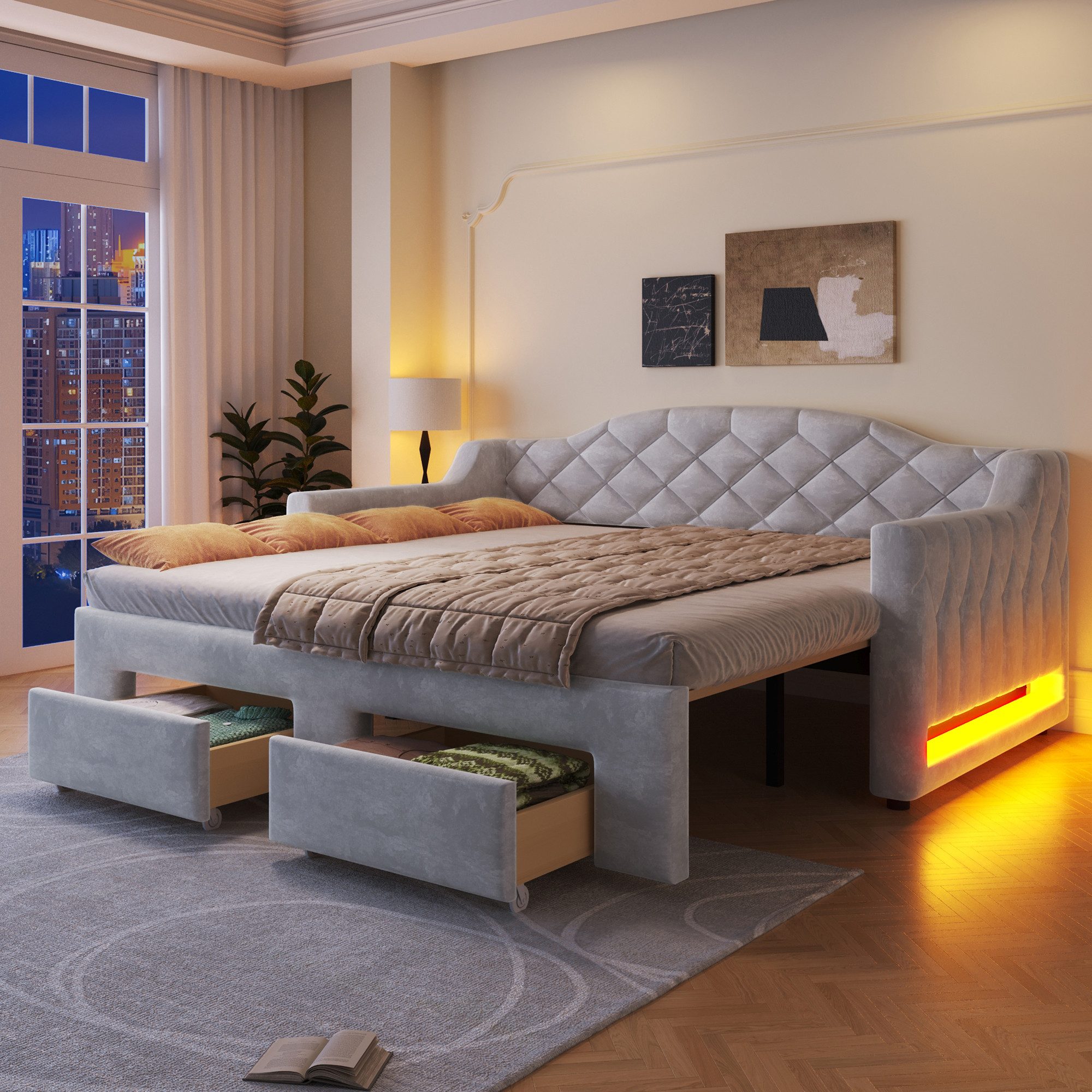 Merax Daybett 90x200cm/180x200cm mit LED-Beleuchtung (1 tlg), Tagesbett mit Ausziehbett & 2 Schubladen, Schlafsofa Sofabett, Samt