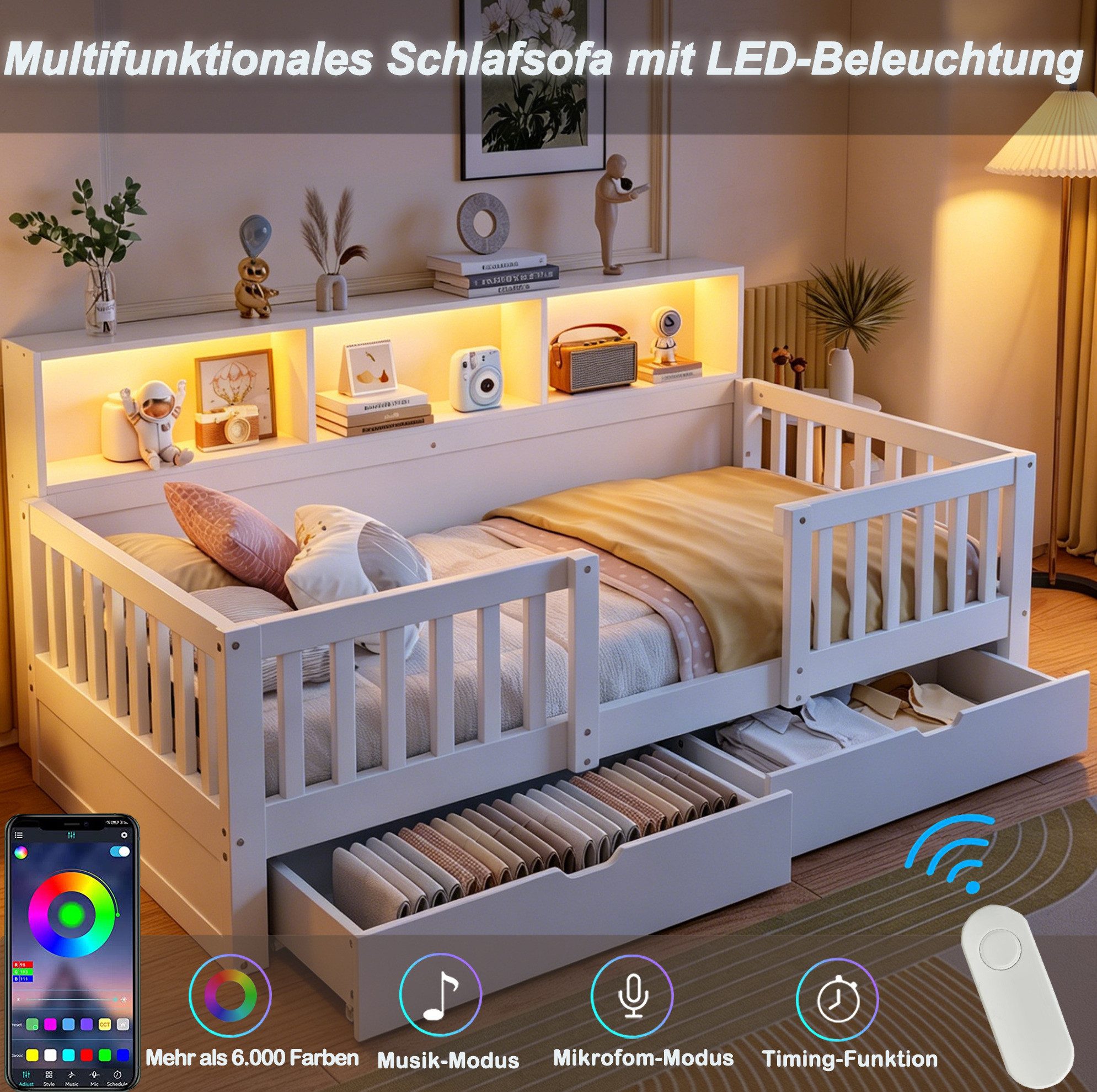 MODFU Kinderbett Jugendbett mit hoher Rückenlehne, Stauraumbett (90x200 cm, integrierter LED-Beleuchtung, Schubladen und Regalfächern), Kinderbett Holzbett, ohne Matratze