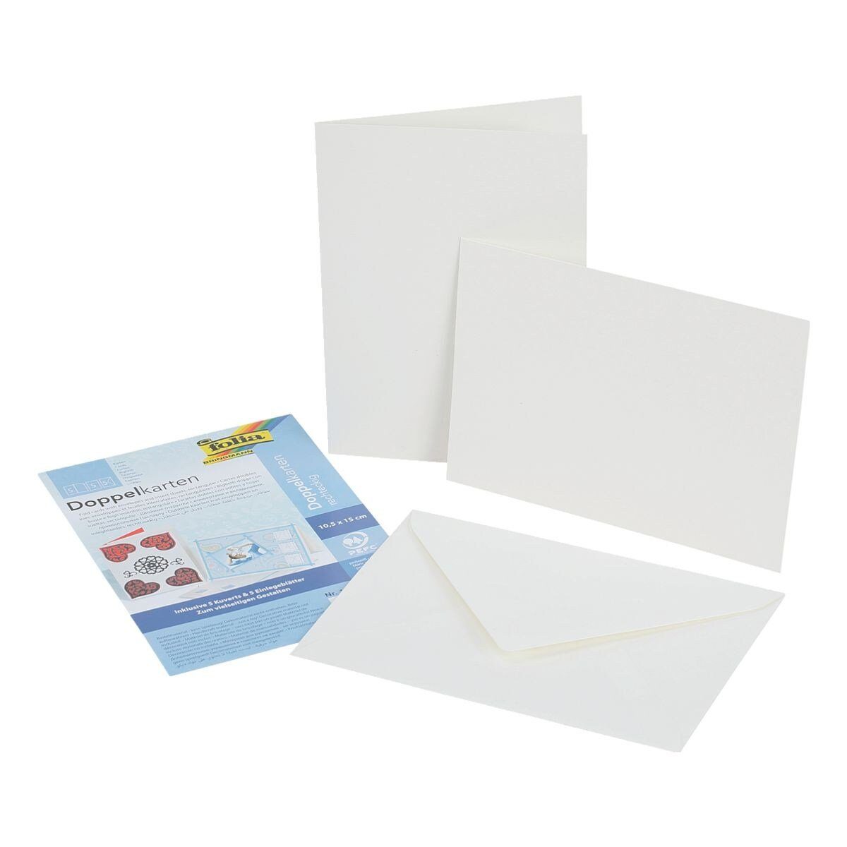 Folia Klappkarte, blanko, 5 Karten, 5 Umschläge und 5 Einlegeblätter perlweiß | Grußkarten