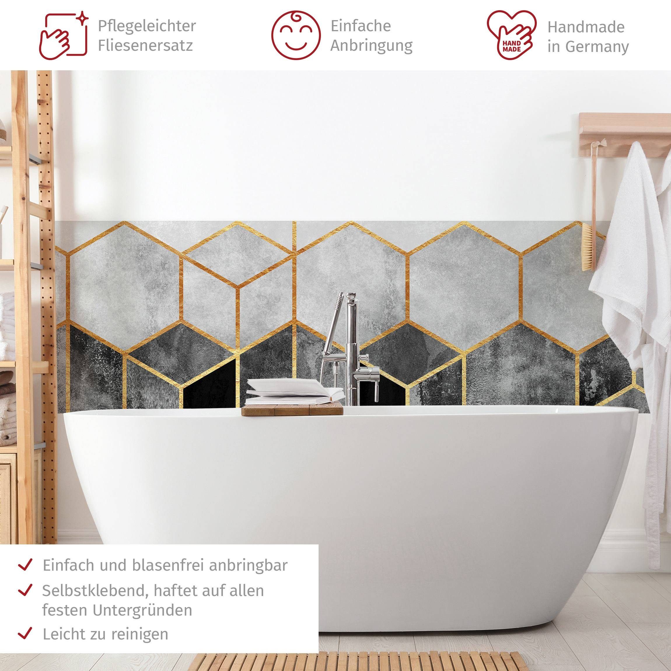 Bilderdepot24 Badrückwand schwarz weiss fugenlose Wandverkleidung Bad Abstrakt, (Hartfolie matt » Selbstklebend SMART 0,35 mm), wasserfestes Wandpaneel Goldene Sechsecke Schwarz Weiß
