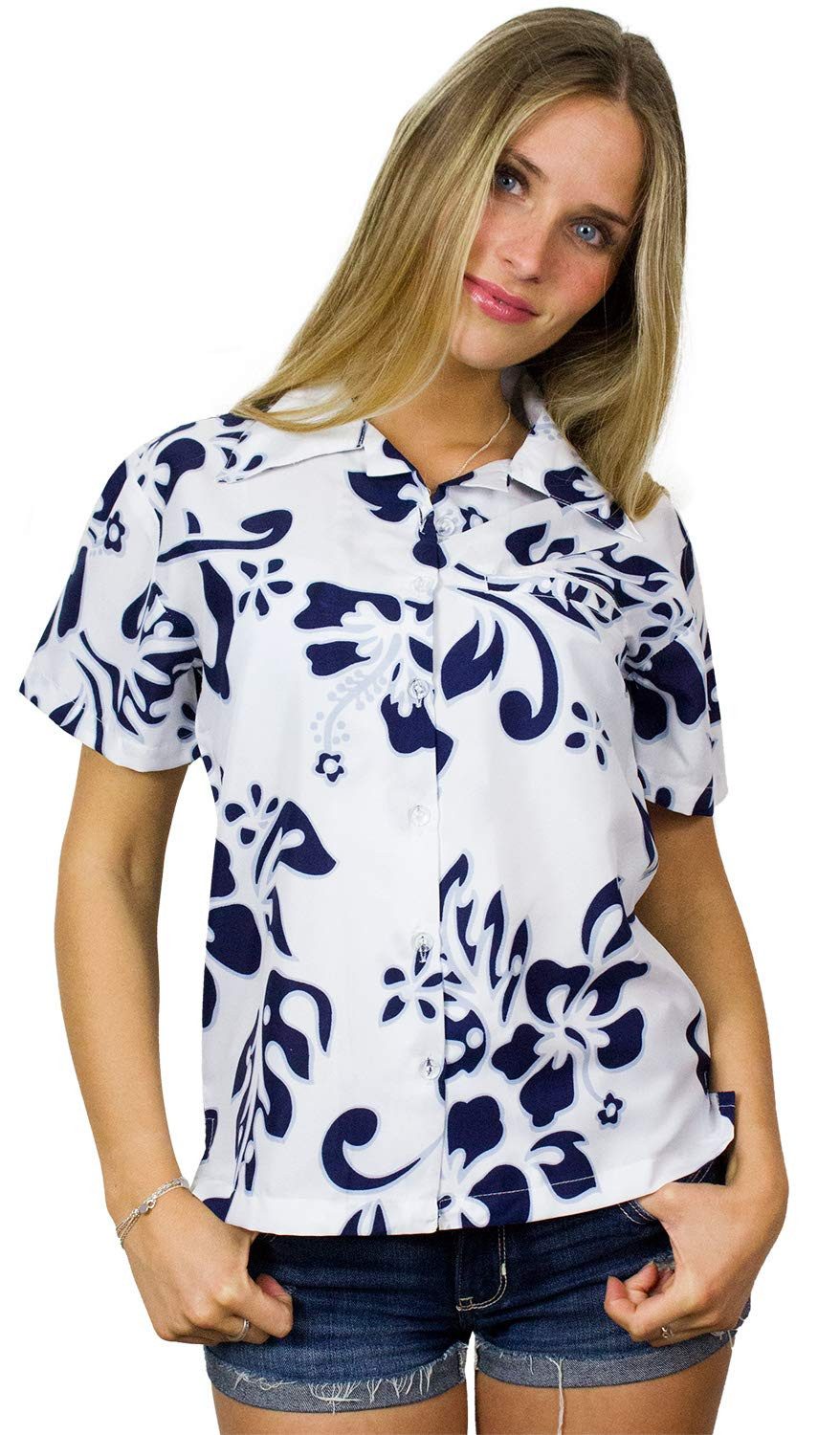 Hawaiihemd Hibiscus Funky Hawaiibluse Damen Kurzarm Front-Tasche Stylish