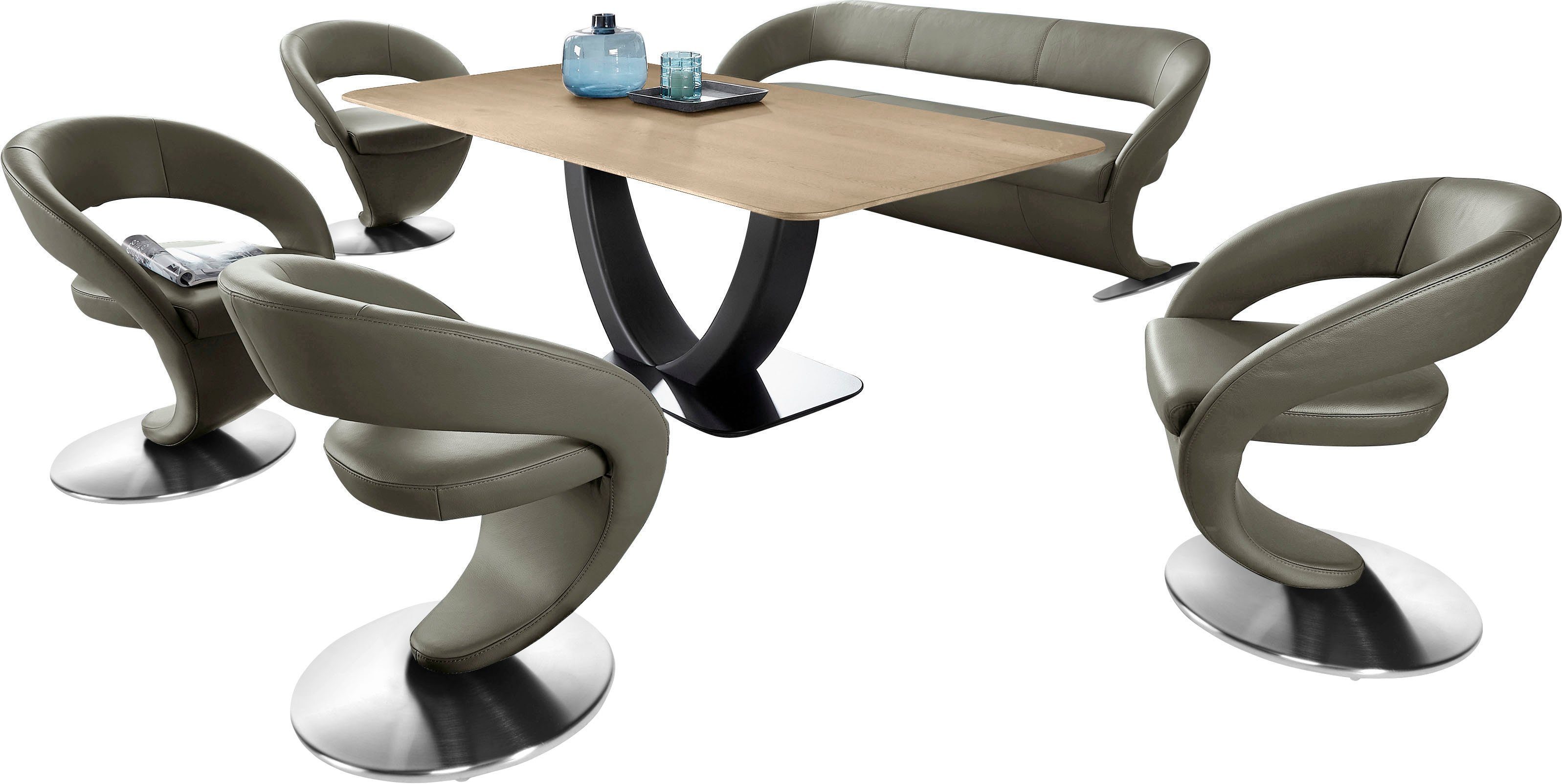 Wohnen & Wave, Tisch K+W Komfort (Set), Essgruppe in Design-Drehstühlen und 4 Design-Solobank 180x90cm mit