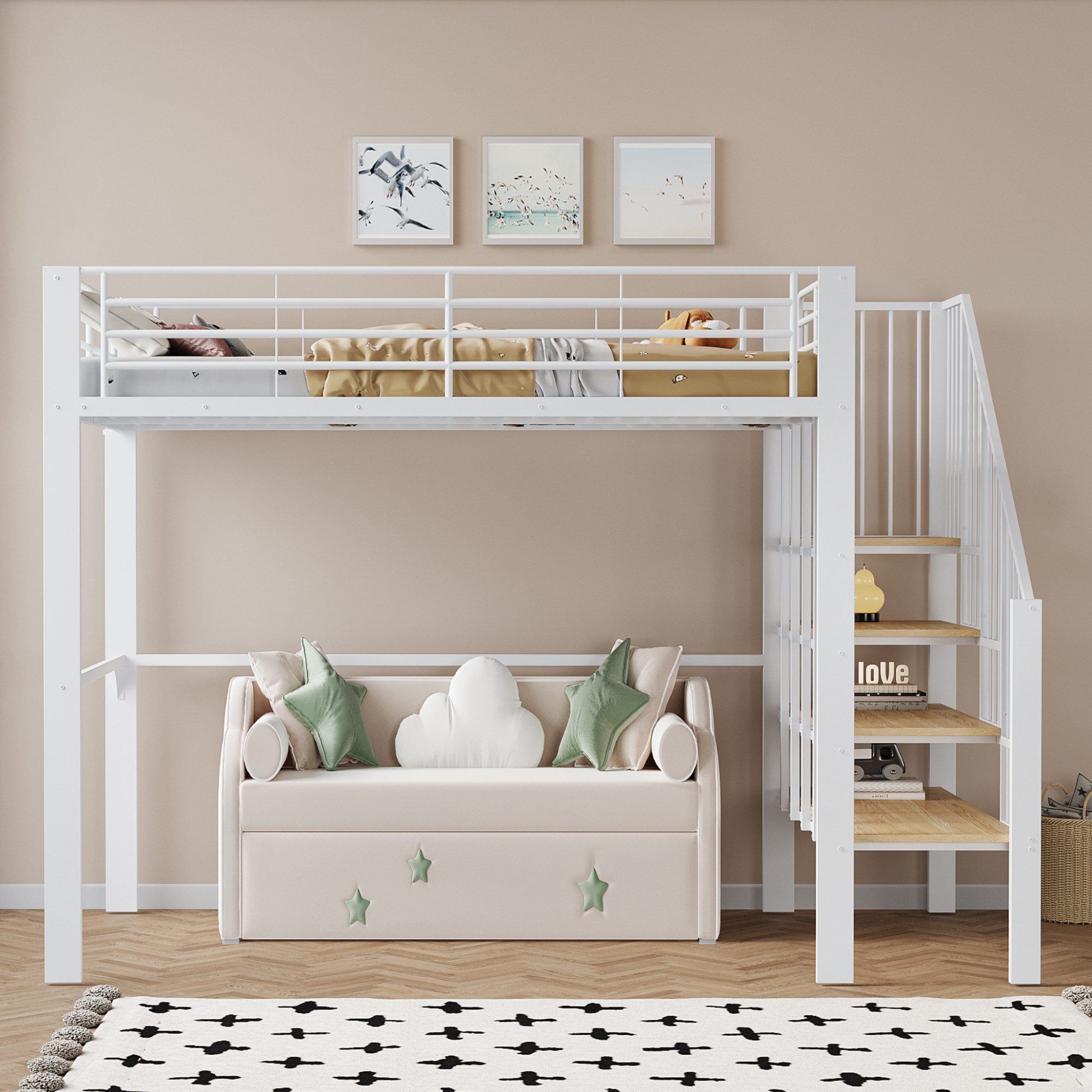 Flieks Hochbett Metallbett Kinderbett 140x200cm mit großen Stauraum und Treppe