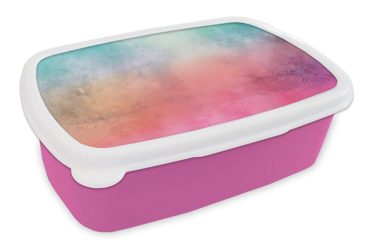 MuchoWow Lunchbox Aquarell - Rosa - Lila - Grün, Kunststoff, (2-tlg), Brotbox für Erwachsene, Brotdose Kinder, Snackbox, Mädchen, Kunststoff