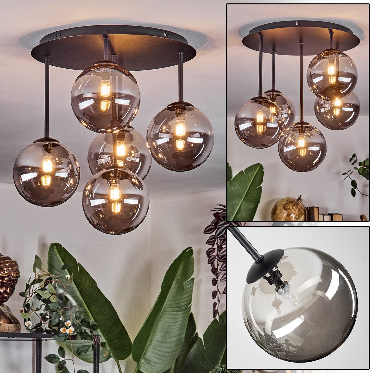 hofstein Deckenleuchte Deckenlampe aus Metall/Glas in Schwarz/Rauchfarben, Deckenleuchte im Retro/Vintage-Design (Schirme Ø 15 cm), 5 x G9