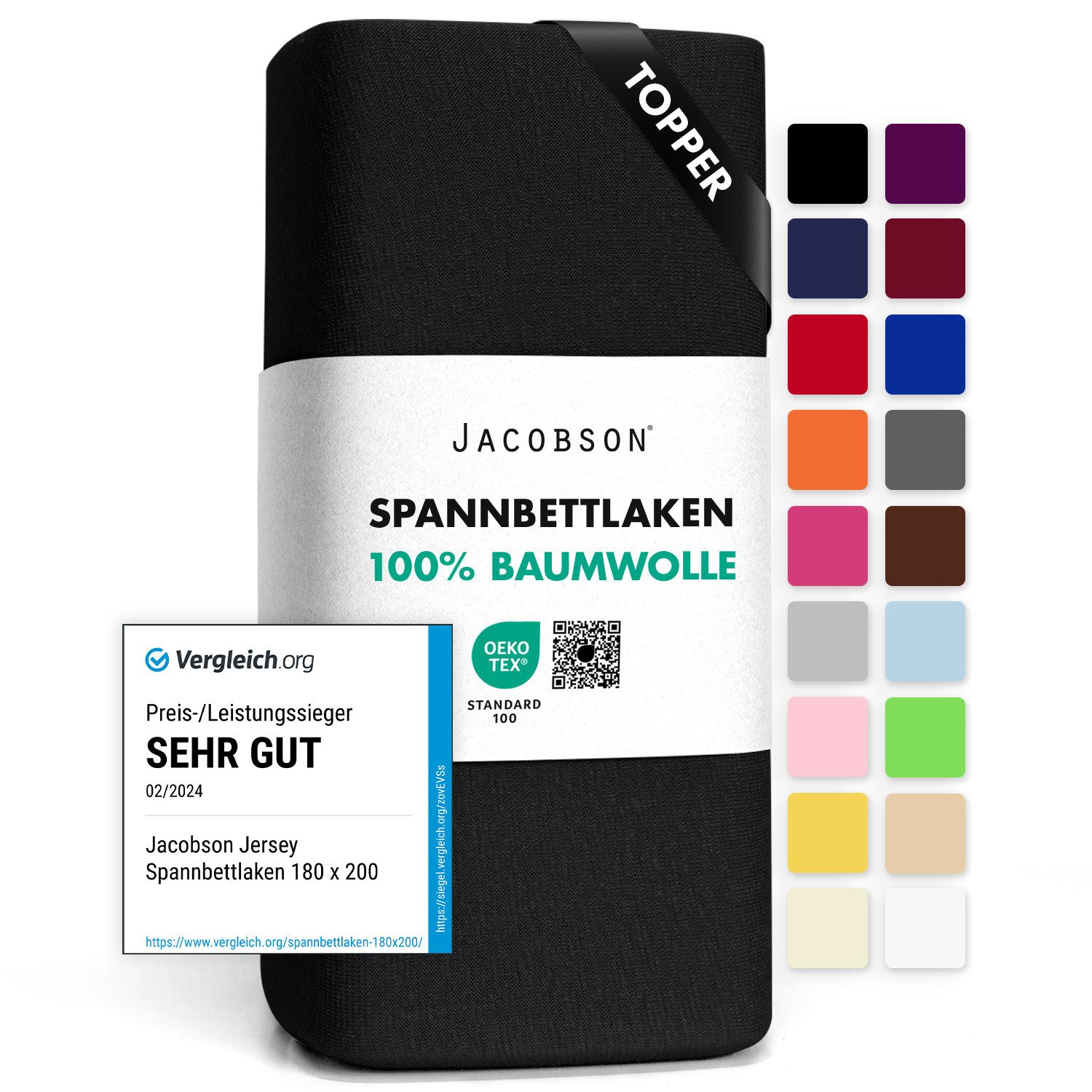 Jacobson Spannbettlaken TOPPER aus 100% Baumwolle, Jersey Bettlaken 160 g/m², Spannbetttuch mit Gummizug, pflegeleicht & viele Farben