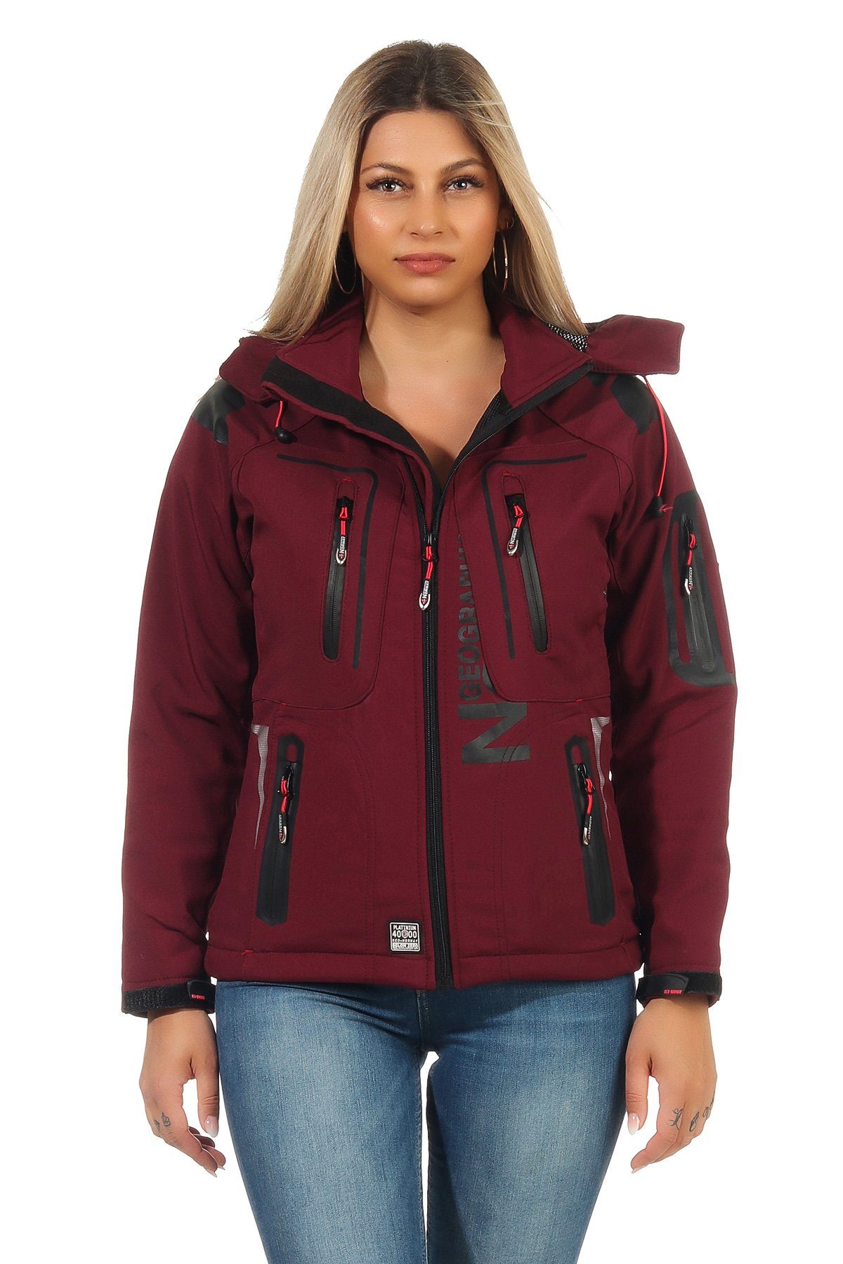 abnehmbarer by Burgundy mit Applikationen Wetterschutz, Kragen, leyoley hochschließender G-Tansy Geographical Norway Geographical Damen Kapuze, Softshelljacke Norway Softshelljacke Reflektierende