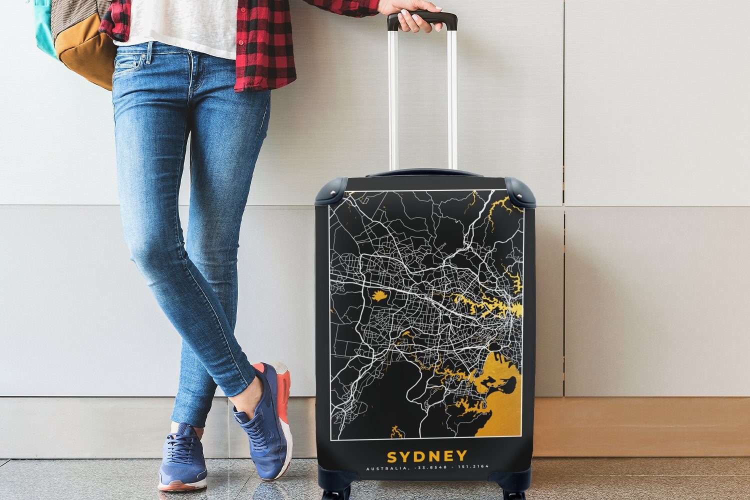 Reisetasche - für Trolley, 4 - Handgepäck Reisekoffer rollen, - Rollen, Handgepäckkoffer Sydney mit Stadtplan Gold Ferien, Karte, MuchoWow