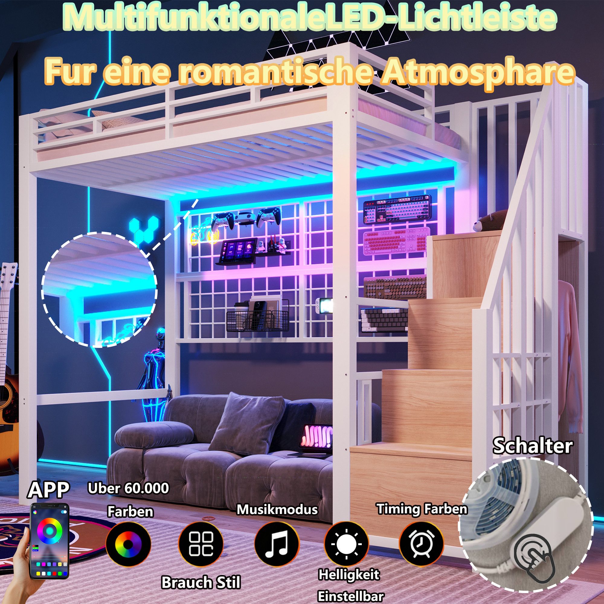 Flieks Hochbett Metallbett Einzelbett 90x200cm mit Led, Kleiderstange, Stauraumfächer – Bild 4 von 5