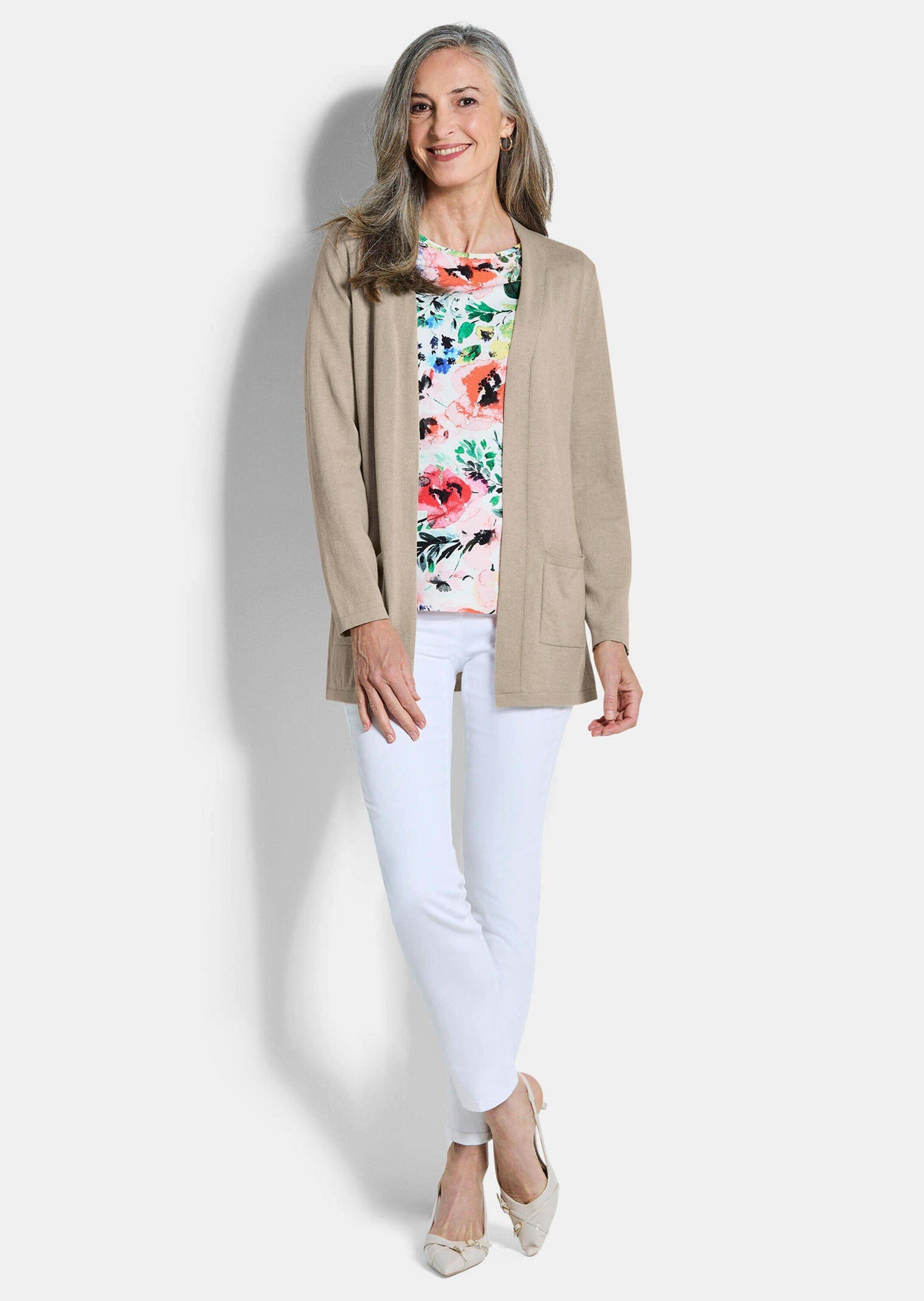 GOLDNER Strickjacke Kurzgröße: Elegante Strickjacke mit Kaschmir Longjacke ohne Verschluss mit aufgesetzten Taschen und Langarm