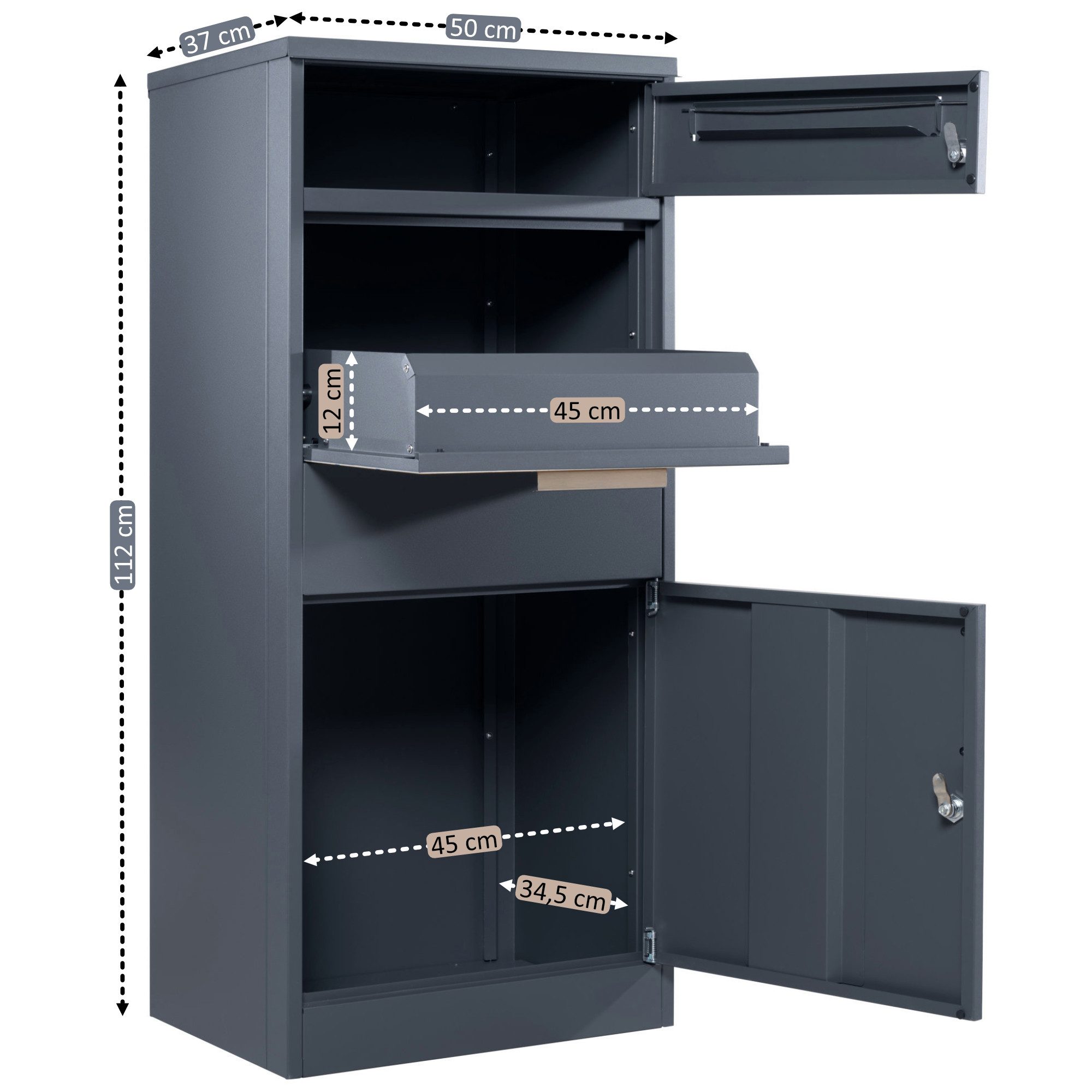 Zelsius Paketbriefkasten Terra, pulverbeschichteter Stahl, RAL7016 Holzoptik, Diebstahlsperre