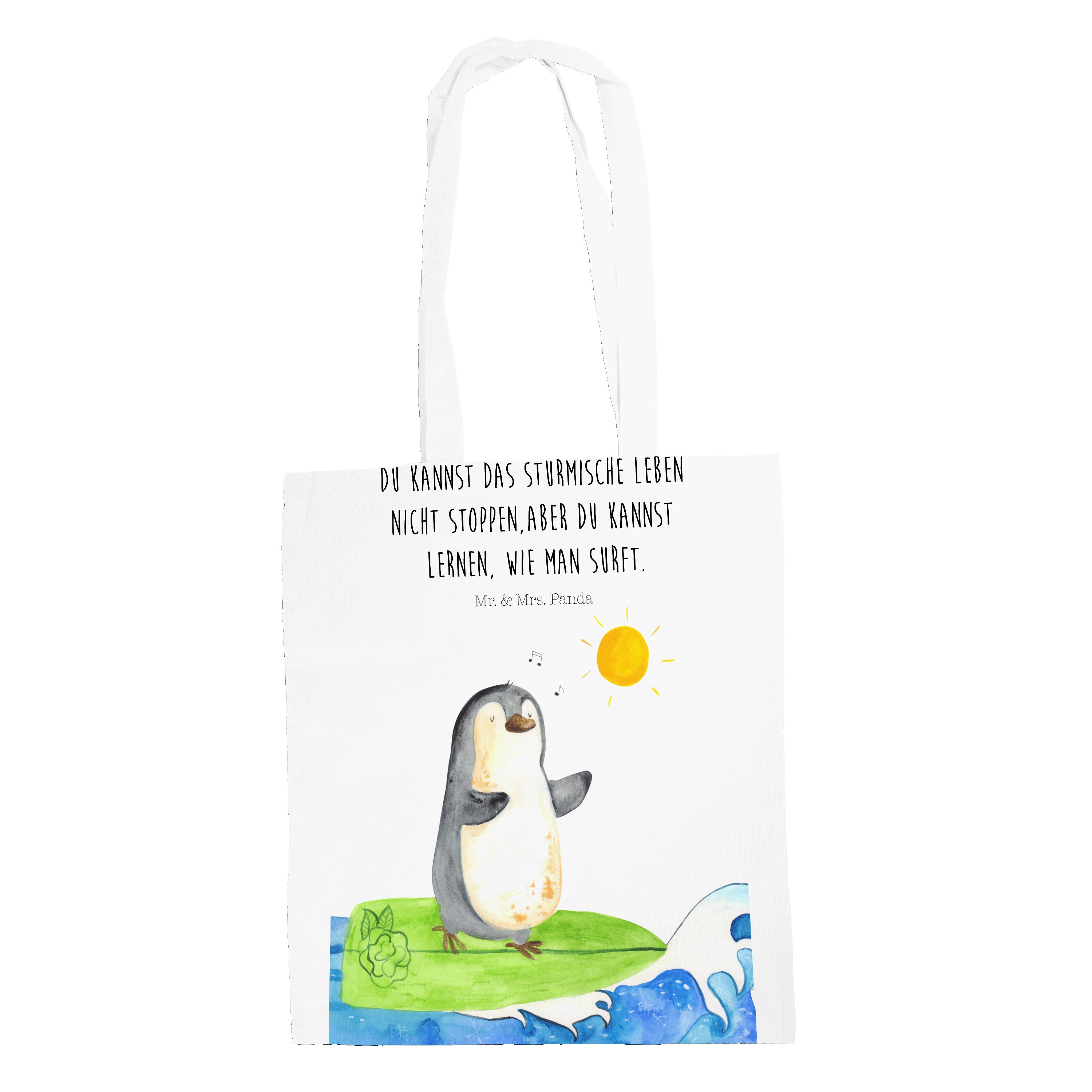 Mr. & Mrs. Panda Tragetasche Pinguin Surfer - Weiß - Geschenk, Wellen reiten, Beuteltasche, Portug (1-tlg)