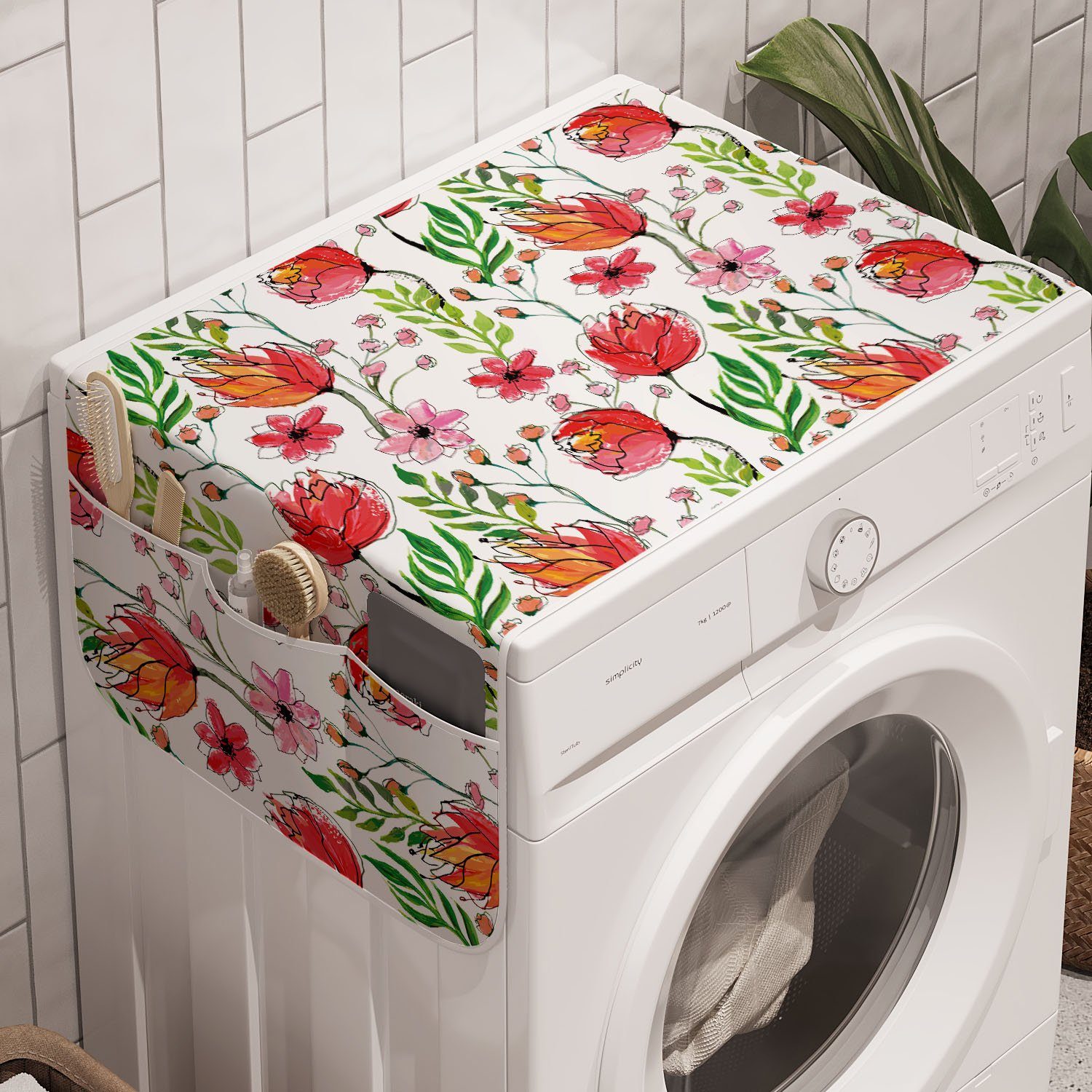 Abakuhaus Badorganizer Anti-Rutsch-Stoffabdeckung für Waschmaschine und Trockner, Blumen Gekritzeltes Blumen und Blätter