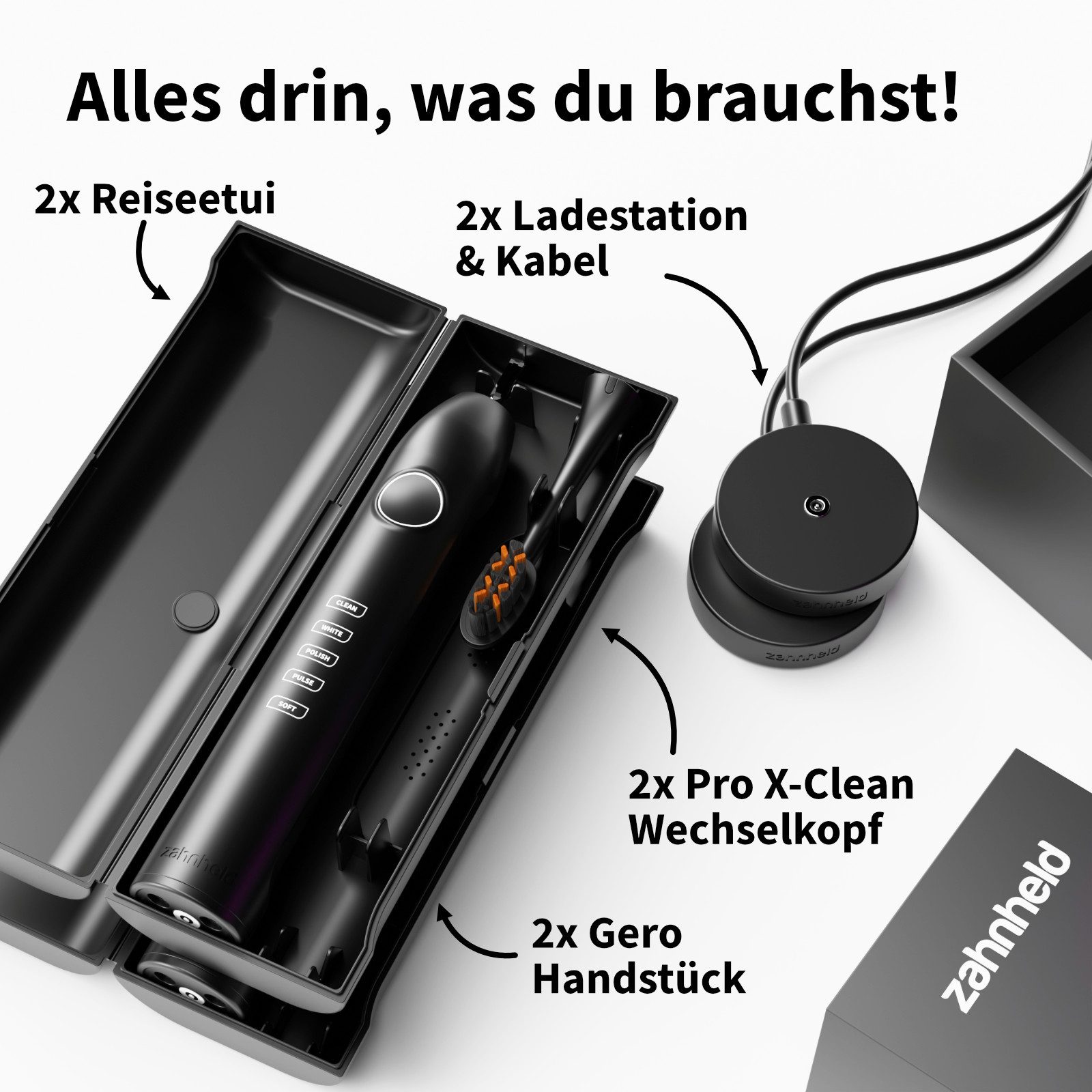 Zahnheld Elektrische Zahnbürste Schallzahnbürste Gero im Doppelpack mit Etui schwarz, 5 Putzmodi, Zahnpflege Set, Mundpflege, Reisezahnbürste, Zahnbürste mit Schall im Set, Zweierpack
