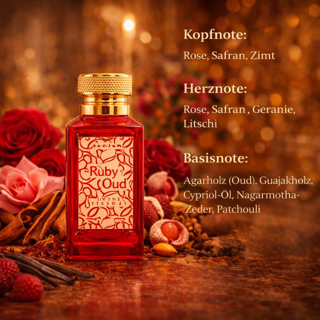 Attar & Co London Eau de Parfum Ruby Oud Classic & Intense Unisex, Rose, Safran, Geranie 100 ml, 1-tlg., Hergestellt in England, Exotisch Floriental, Süß Würzig Elegant