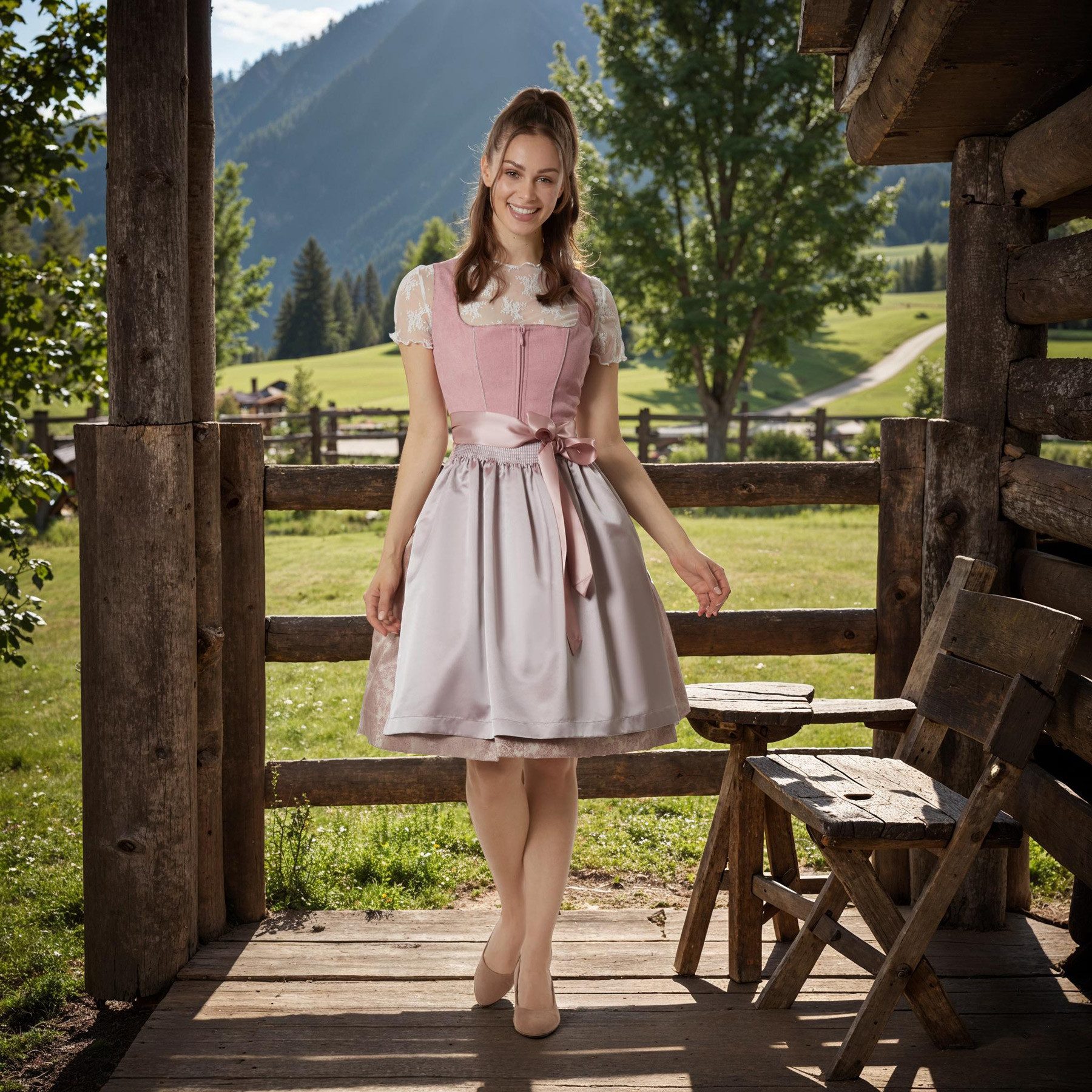 dressforfun Dirndl hochwertiges & elegantes Trachtenkleid Linah Beige/Rosa (Premium Midi-Dirndl, Gr. 34) Ideal für Oktoberfest, Volksfeste, Hochzeiten oder Familienfeiern