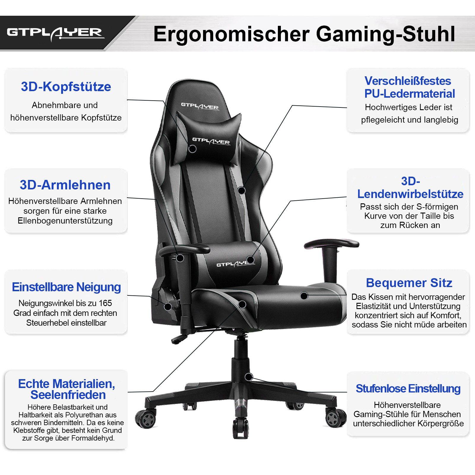 bis Gaming-Stuhl Gamer Gaming GTPLAYER kg Stuhl Stuhl, 150 Bürostuhl 90°-165° ergonomischer Neigungswinkel belastbar, Sessel grau Gaming