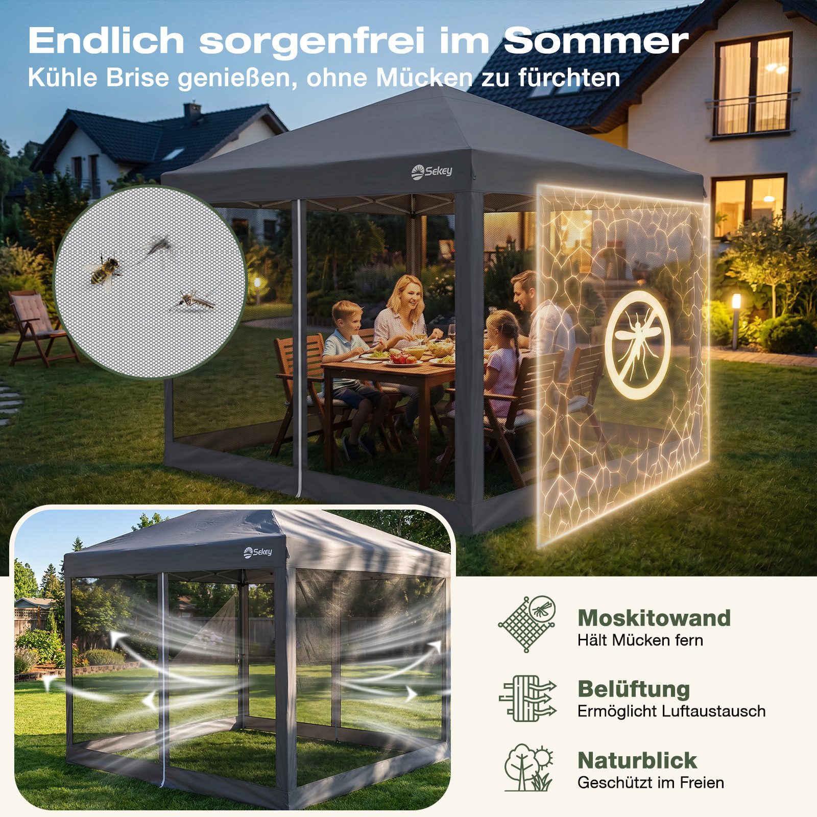 Sekey Faltpavillon Pop Up Pavillon 3x3 m mit Moskitonetz, Gartenpavillon mit 4 Sandsäcke, Pavillon Wasserdicht, Höhenverstellbar, für Garten Party Camping